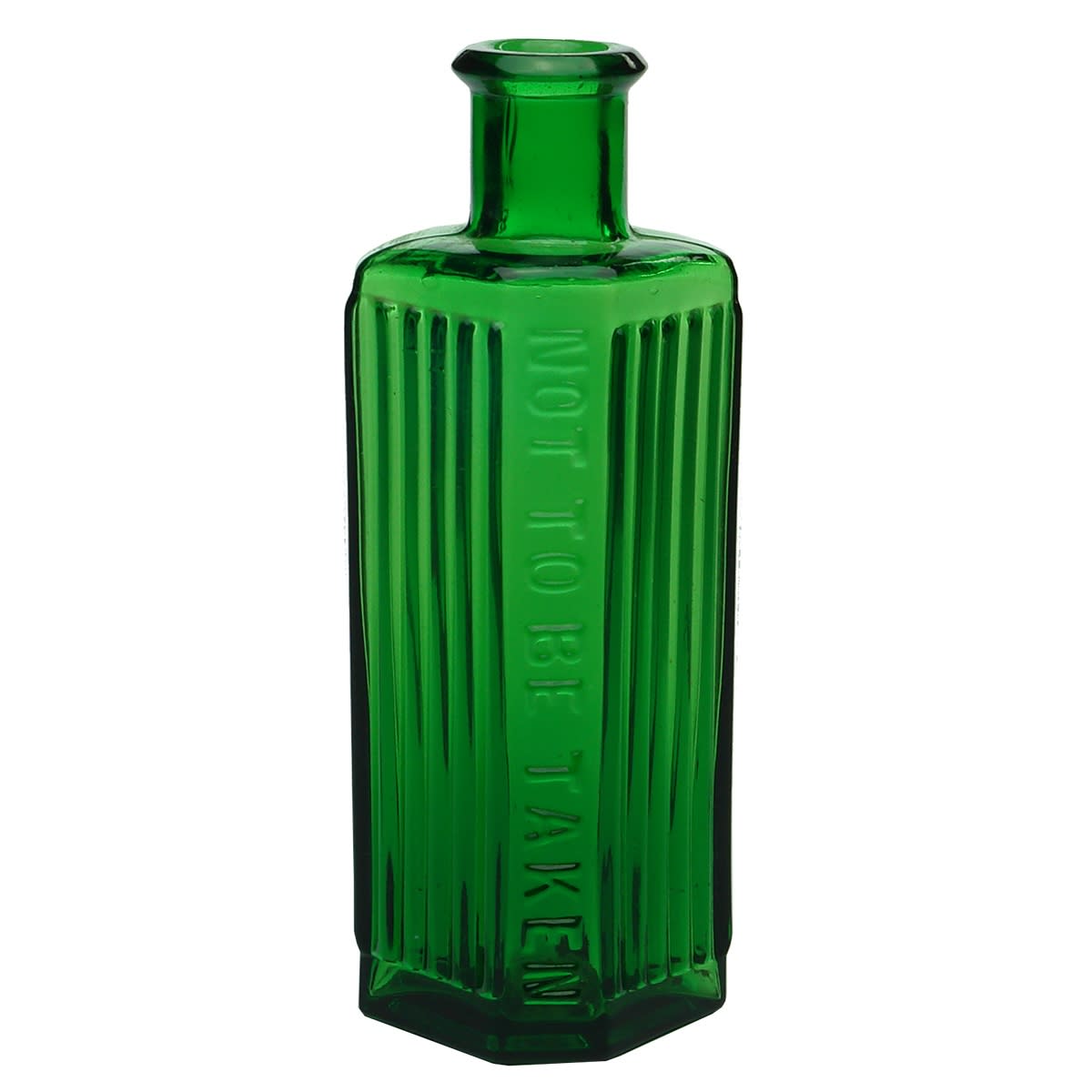 Poison. Not to be taken. 6 bold vertical lines to either side. Irregular hexagon. Green. 3 oz. 121 mm.