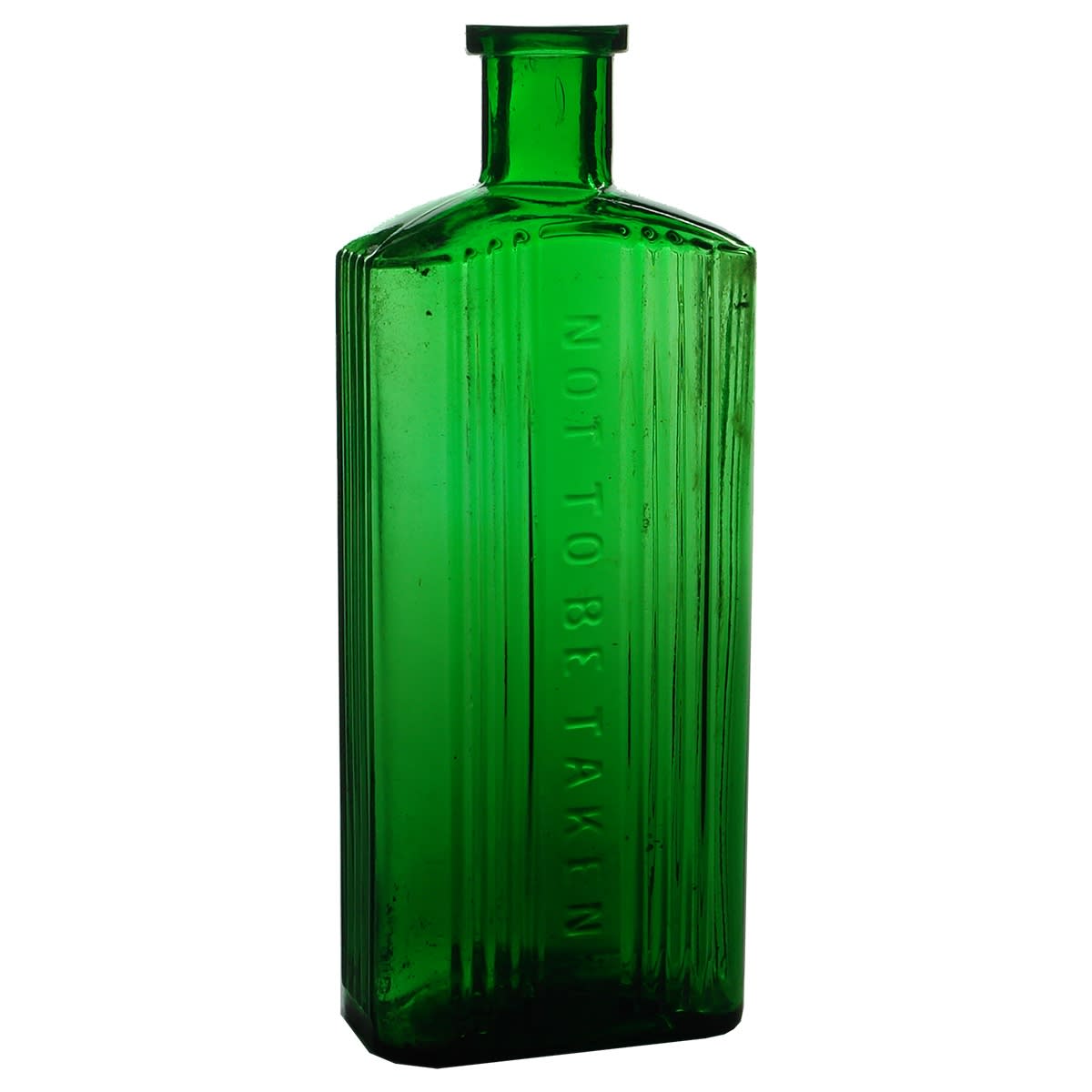 Poison. Not to be taken. Bright green. Tool finished top. 8 oz. Vertical lines to sides and next to main embossing. 161 mm.