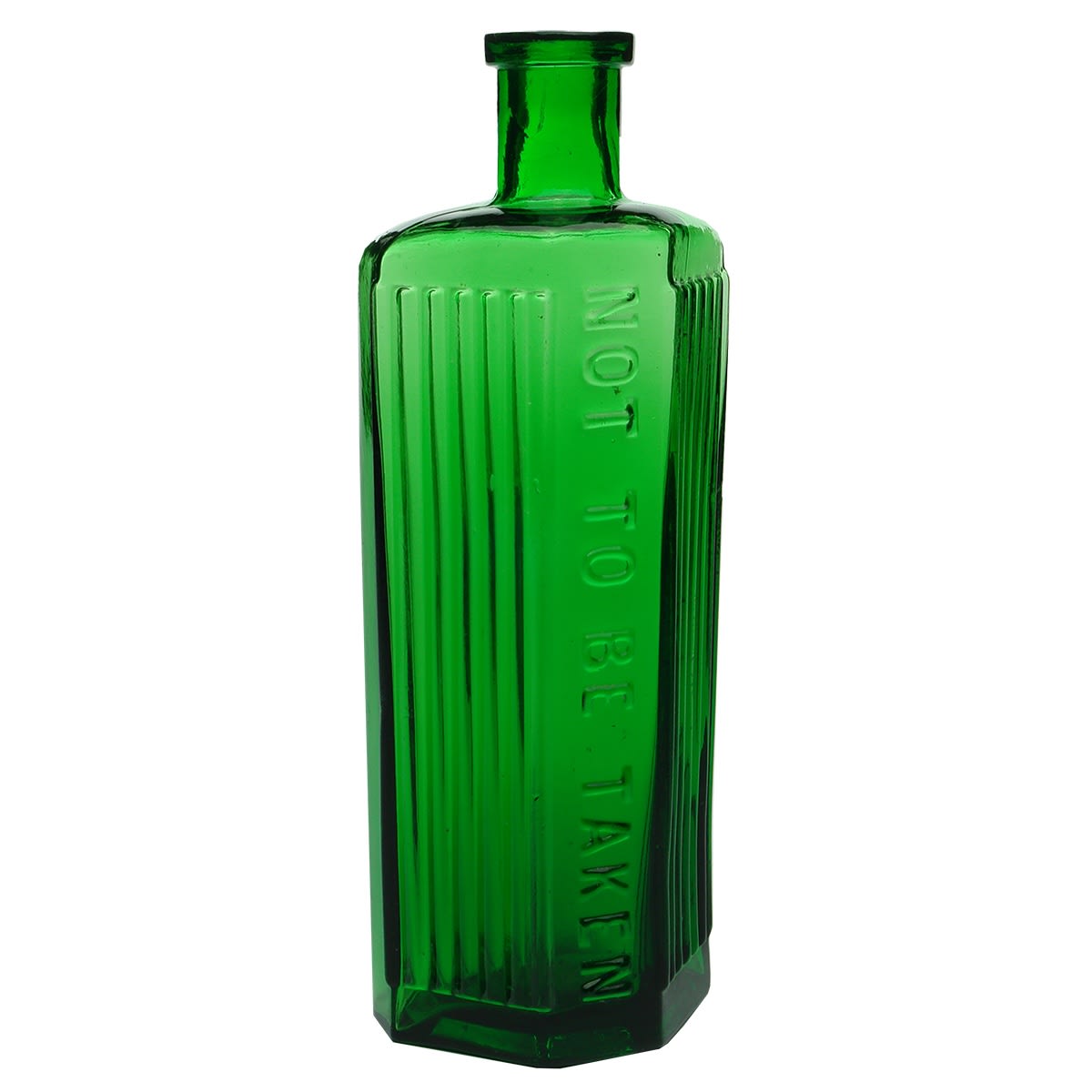 Poison. Not to be taken. 7 bold vertical lines to either side. Irregular hexagon. Bright Green. 8 oz. 169 mm.