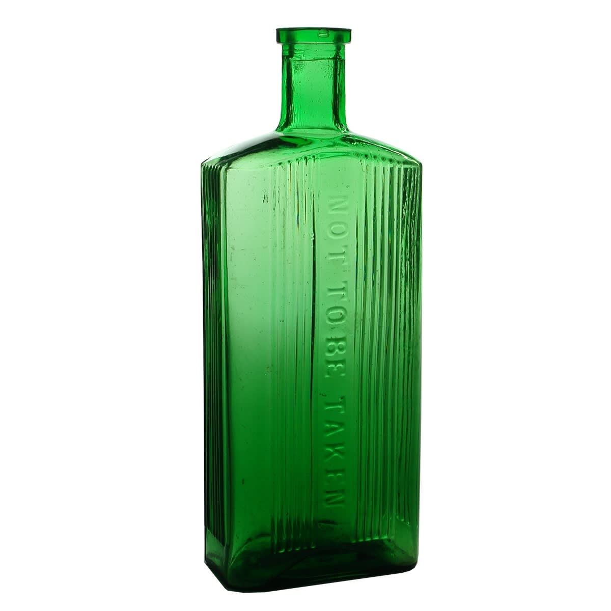 Poison. Not to be taken. Bright green. Applied top. 12 oz. Vertical lines to sides and next to main embossing. 187 mm.