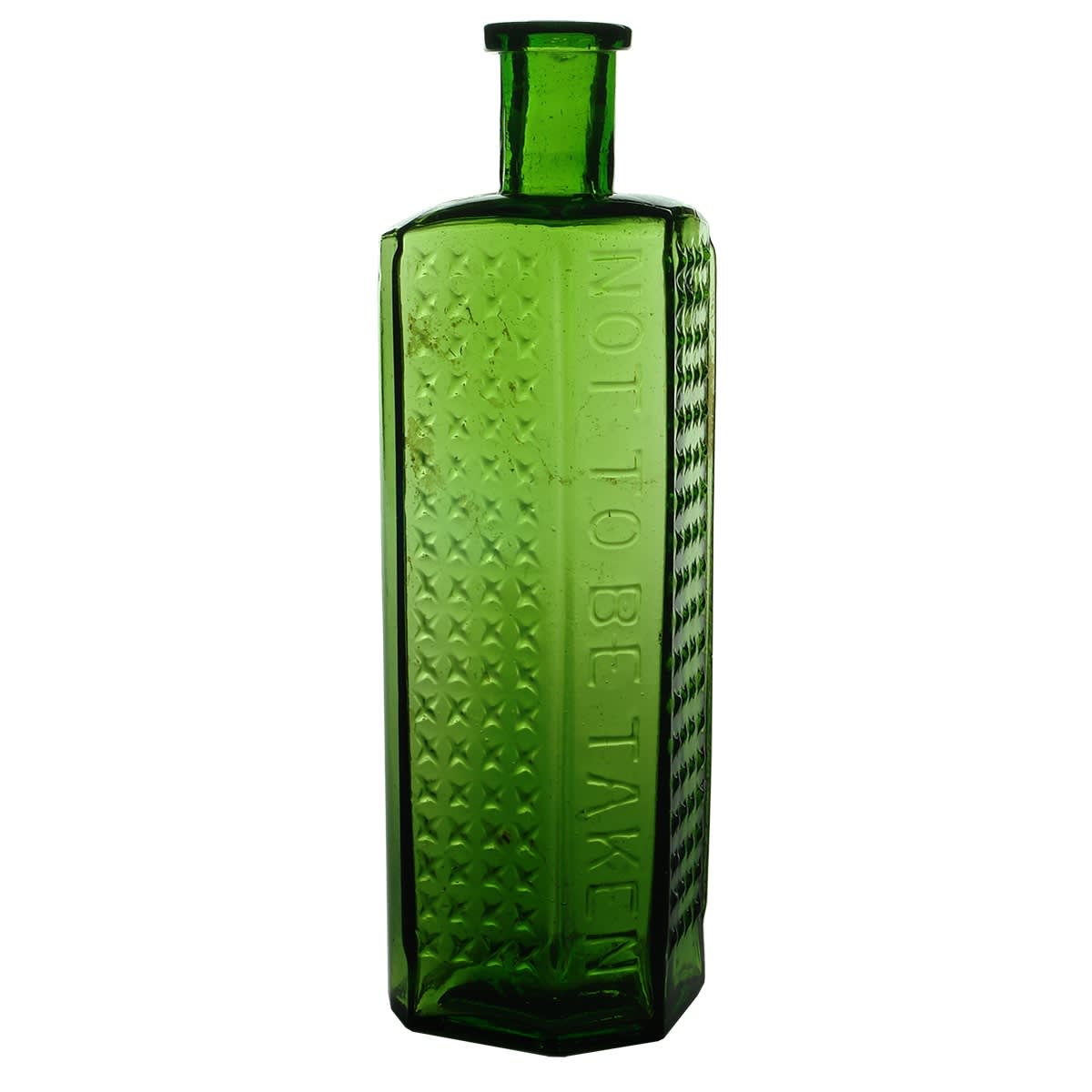 Poison. Not to be taken. Rd No. 334871. Lewis & Towers Practical Poison Bottle. Irregular Hexagon. Green. 10 oz. 184 mm.