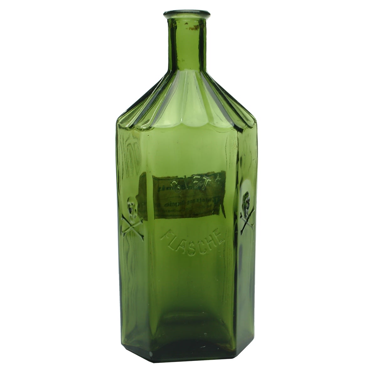 Poison. Gift Flasche, Skull and Crossbones. Flattened Hexagonal with fancy neck. Green. 500 mL. (Germany)