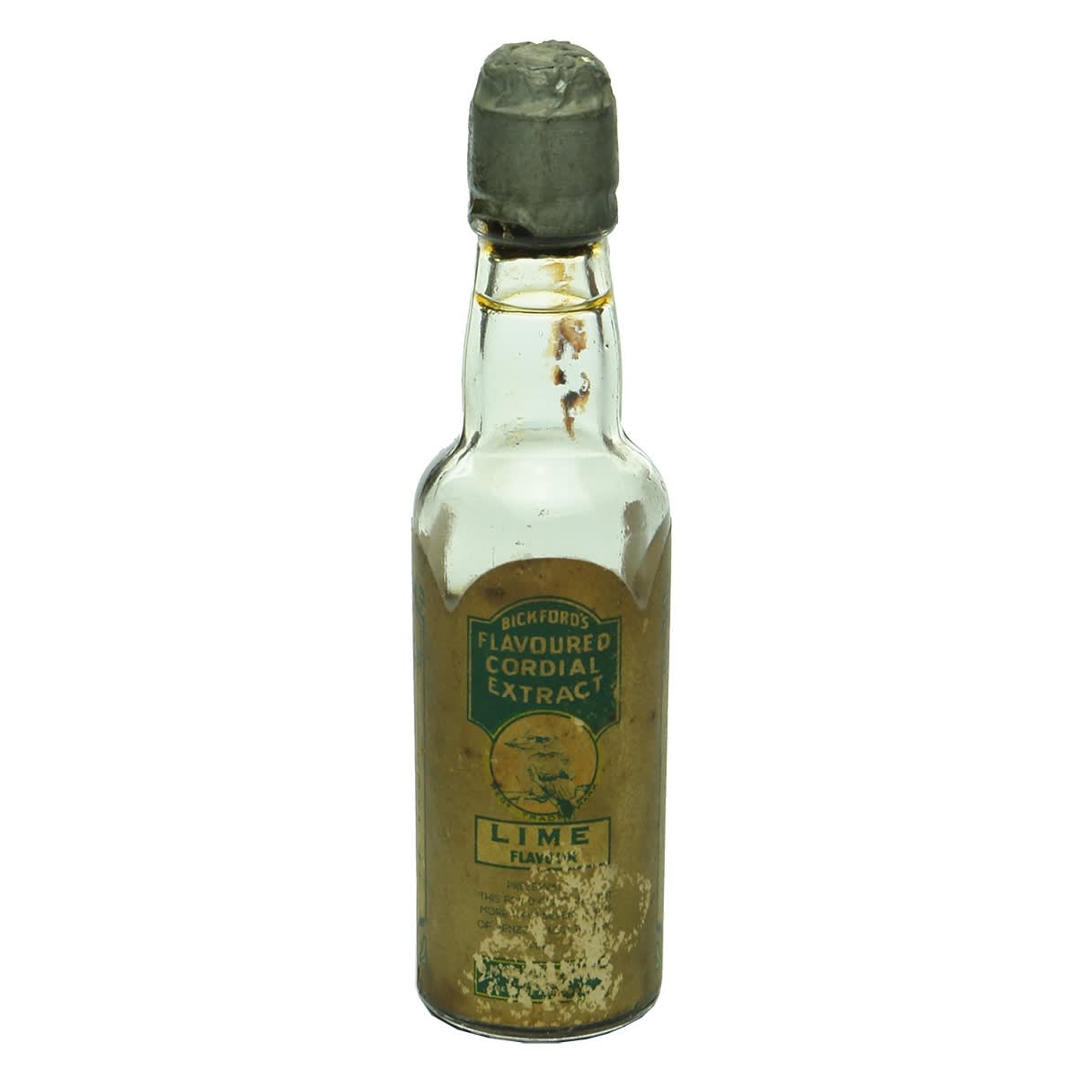 Sample. Bickford's Flavoured Cordial Extract, Lime Flavour, Adelaide and Brisbane. Kookaburra. Original Label and Contents. 2 oz. (South Australia, Queensland)