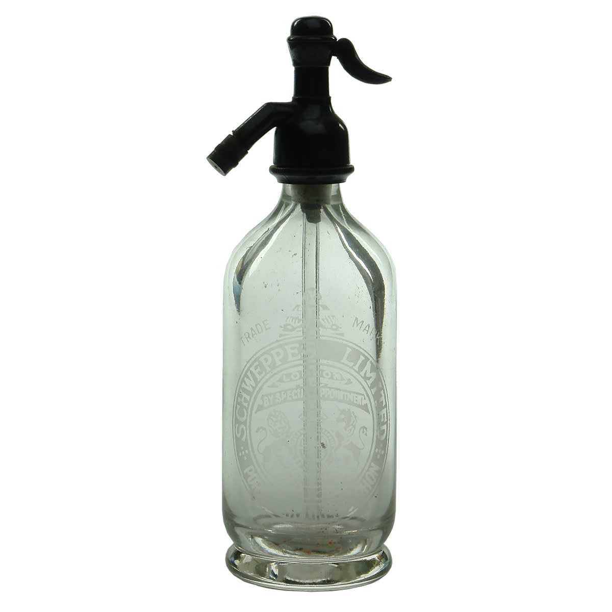 Miniature. Schweppes Limited Porcelain Lined Syphon, London. Round. Clear. 4 oz. (United Kingdom)