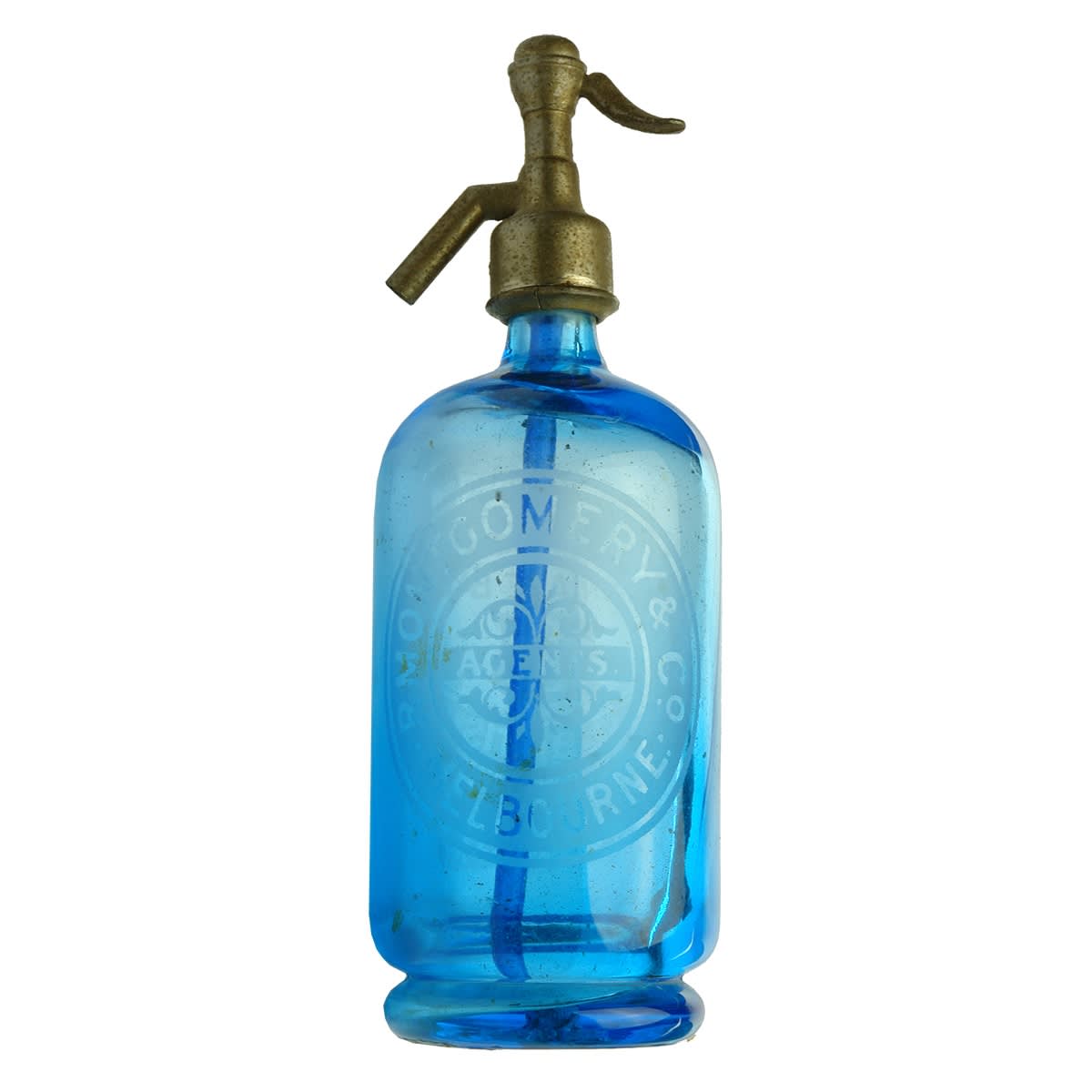Miniature. R. Montgomery & Co., Melbourne. Soda Syphon. Blue. (Victoria)
