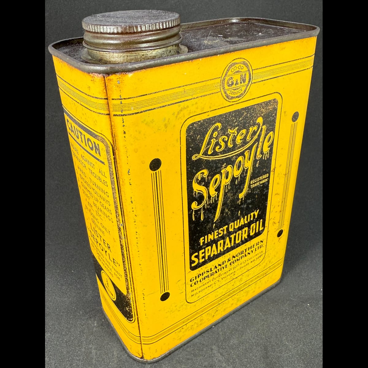 Separator Oil Tin. Lister Sepoyle. Gippsland & Northern Co-operative Co. Ltd. Melbourne. 1/4 Gallon.