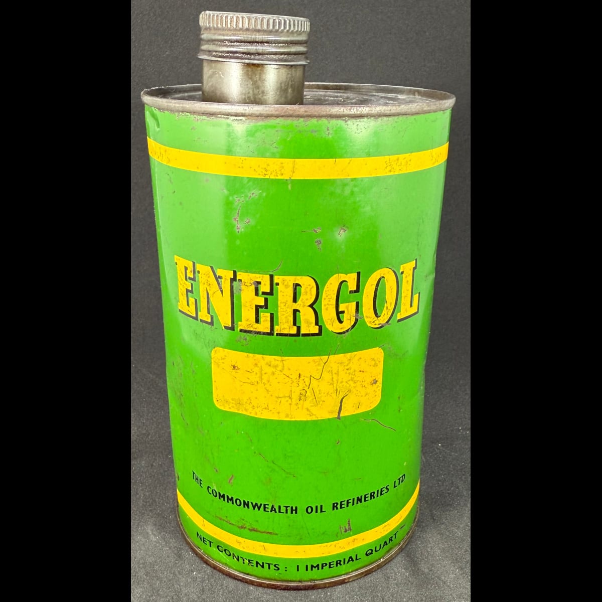 Motor oil Tin. Energol. The Commonwealth Oil Refineries Ltd. Quart. Green & Gold.