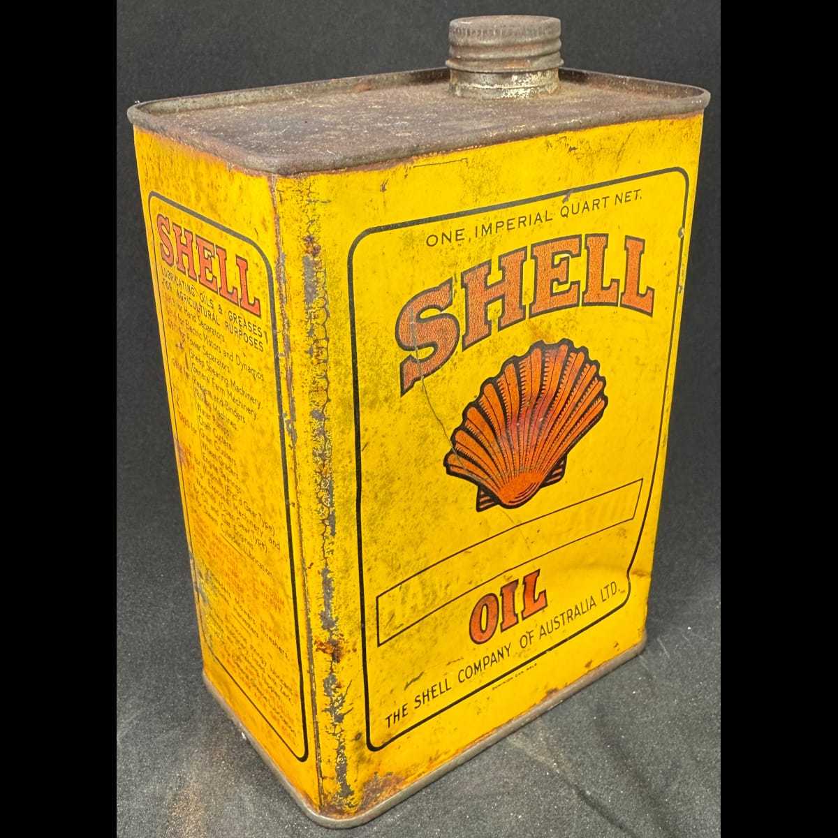 Motor Oil Tin. Shell Oil. Faded product name. The Shell Company of Australia Ltd. Dominion Can Melbourne.