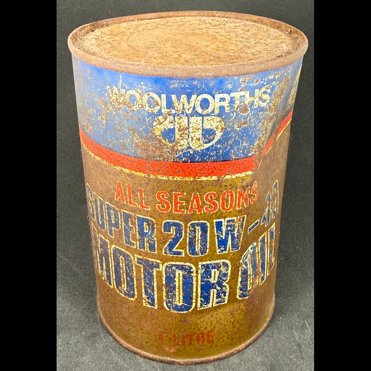 Motor Oil Tin. Woolworths All Seasons Super 20W-40 Motor Oil.  (Not for standard post due to contents. Winning bidder will have to make other arrangements to collect)