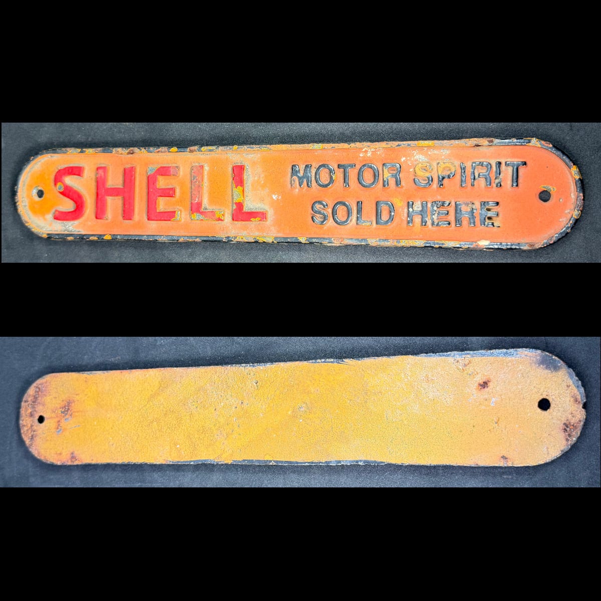 Reproduction Sign. Cast Iron,. Shell Motor Spirit Sold Here.