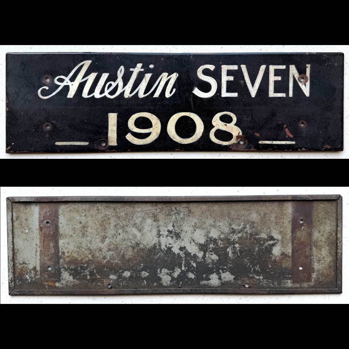 Painted Sign/Registration. Austin Seven 1908. Black & White.