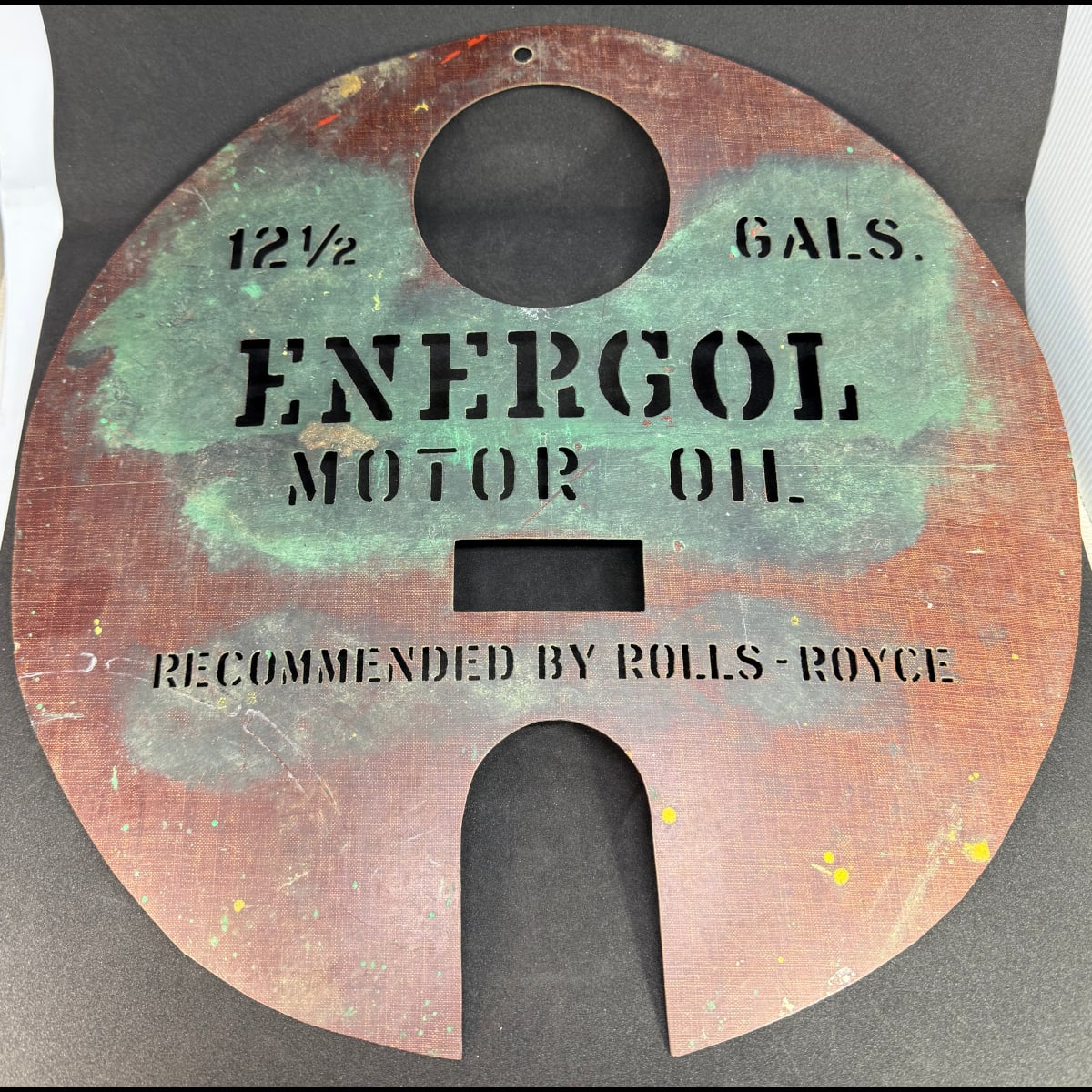 Barrel Stencil. Energol Motor Oil. 12 1/2 Gallons, Recommended by Rolls Royce. Bakelite/Plastic.