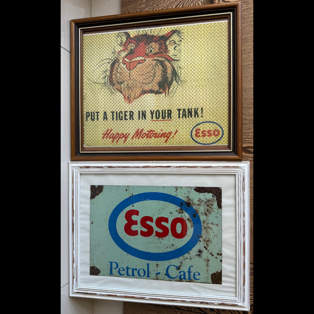 2 framed Reproduction Esso Signs: Esso Petrol - Cafe tin sign; Esso put a tiger in your tank framed print.