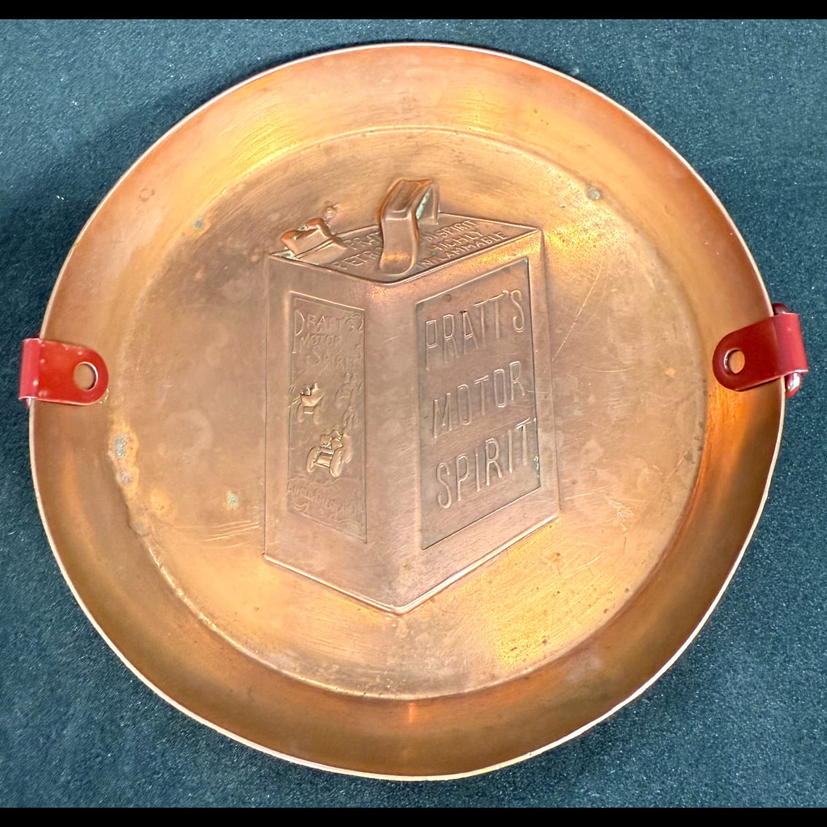 Copper Ashtray/Change Tray. Pratt's Motor Spirit. Embossed can of Motor Spirit. Joseph Sankey & Sons Bilston.