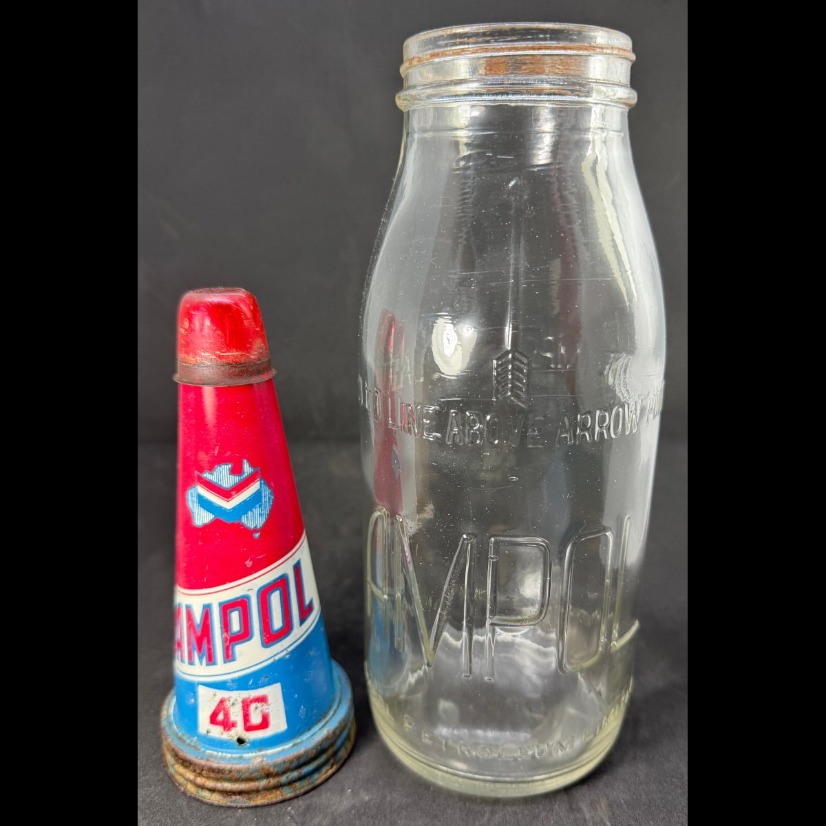Quart Oil bottle & Tin Pourer. Ampol. Ampol Petroleum Ltd. Chevron on Australia top.