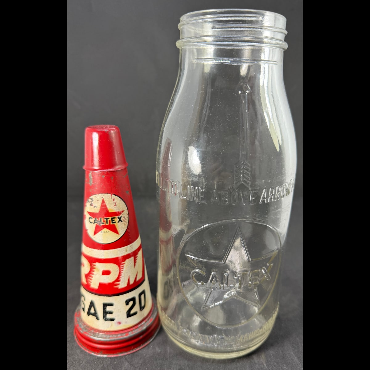 Quart Oil bottle & Tin Pourer. Caltex Oil (Australia) Pty Ltd. Caltex SAE 20 pourer.