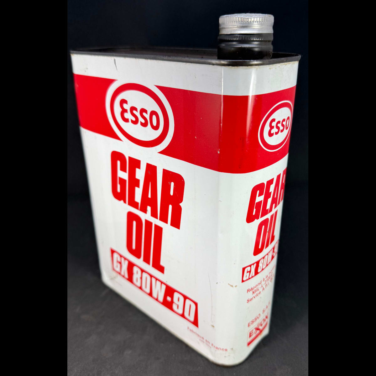 Oil Tin. Esso Gear Oil. Exxon. French. Red & White. 2 Litre. GX 80W-90.