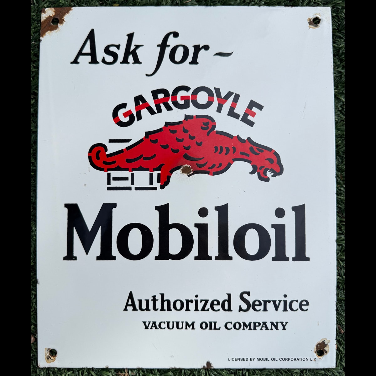 Reproduction Enamel Sign. Gargoyle. Mobiloil. Vacuum Oil Company.
