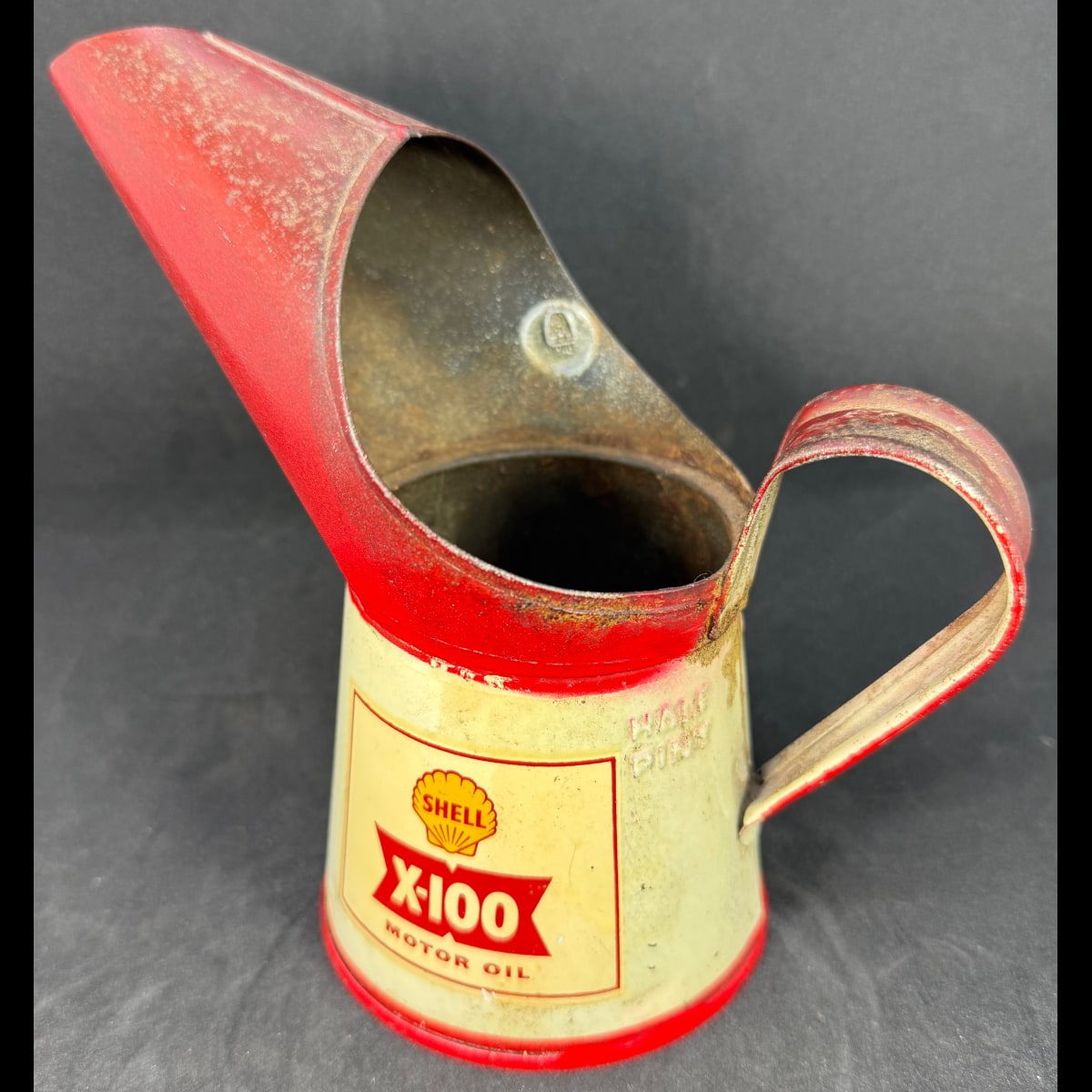 Tin Pouring Jug & Measure. Shell X-100 Motor Oil. Half Pint.