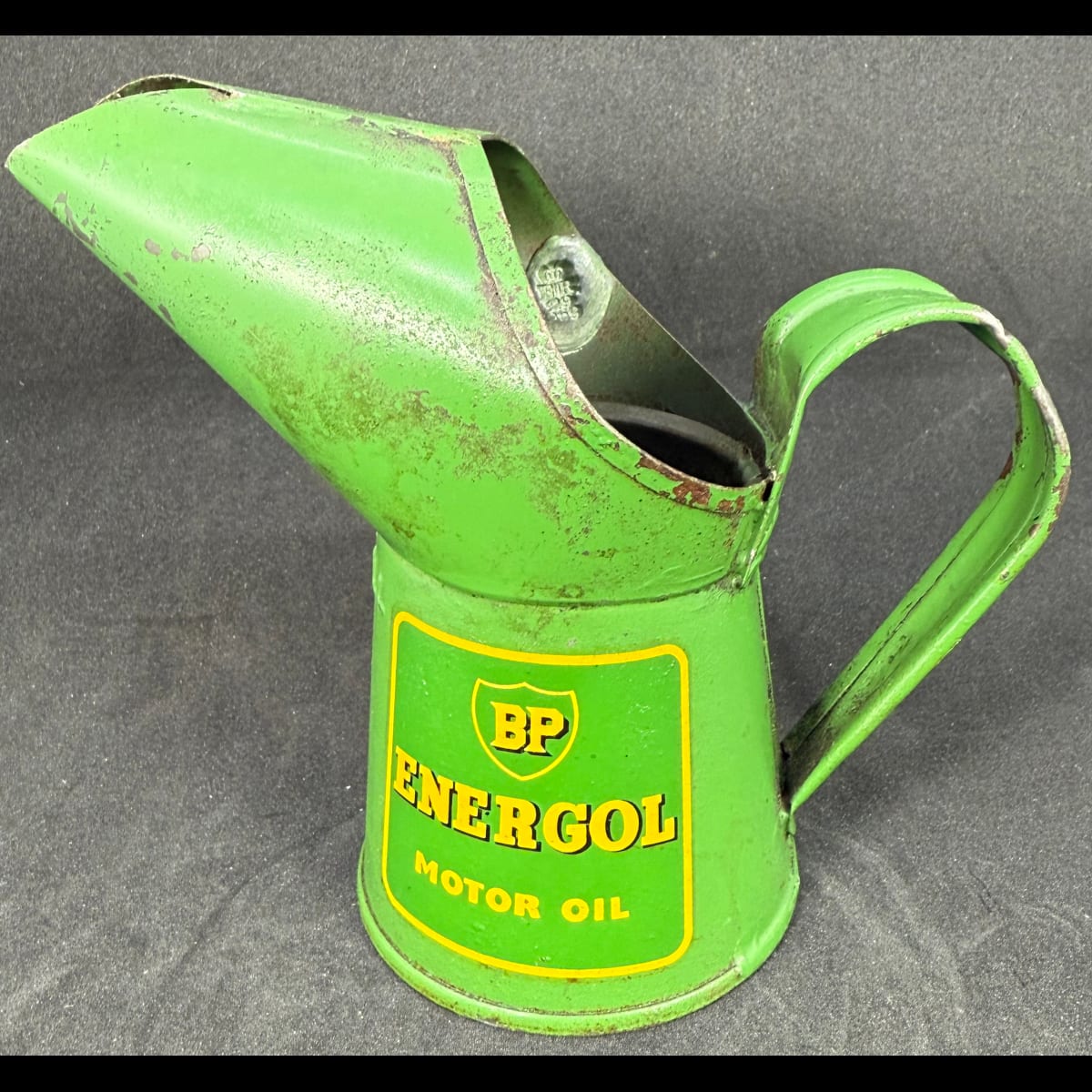 Tin Pouring Jug & Measure. BP Energol Motor Oil. Gill size.