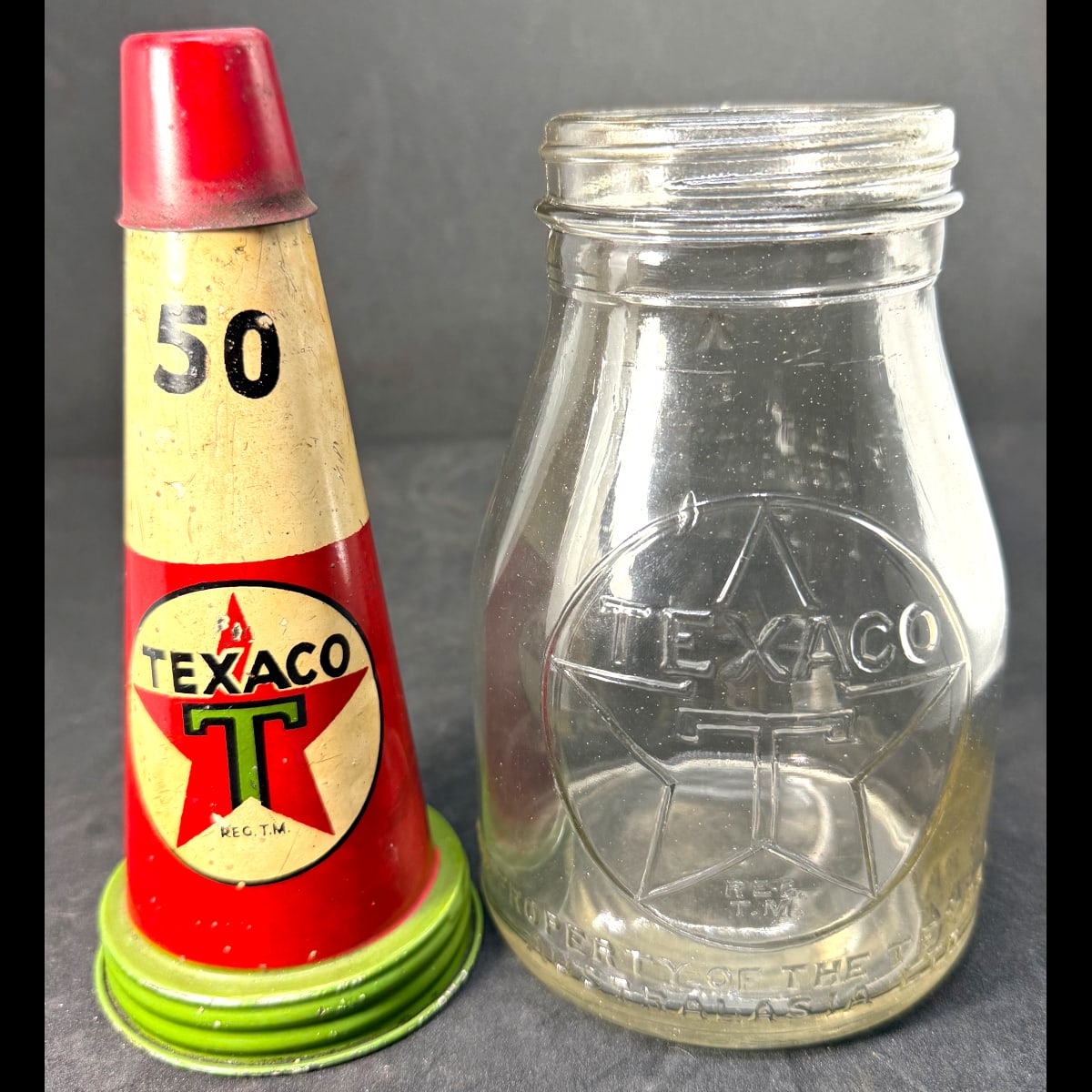 Texaco Pint Oil bottle and original tin pourer. Texaco 50. 1 Pint Texaco Motor OIl. Texas Co Australasia Ltd.