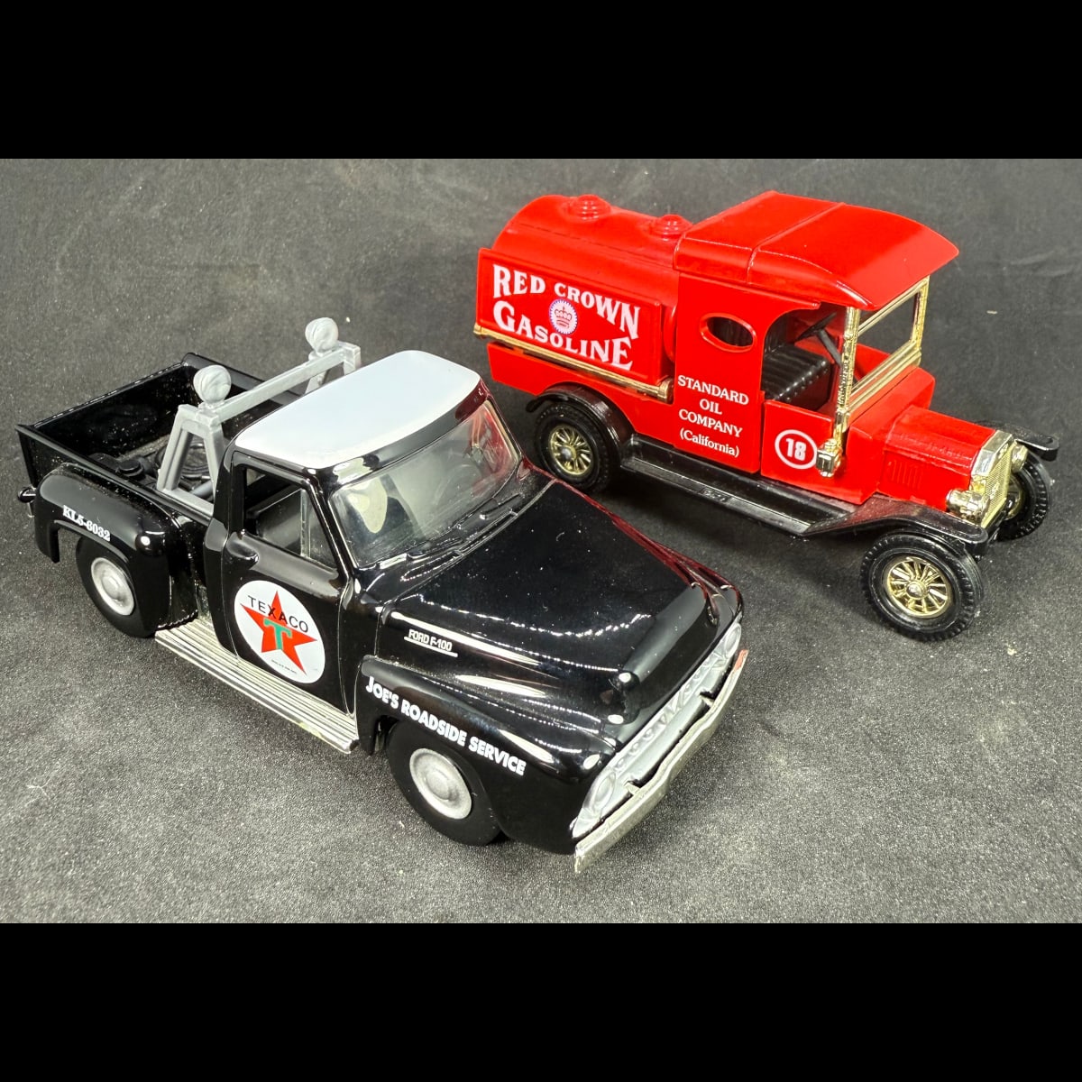 2 Matchbox Cars: Joe's Roadside service with Texaco Logo; Standard Oil Company California Red Crown Gasoline.