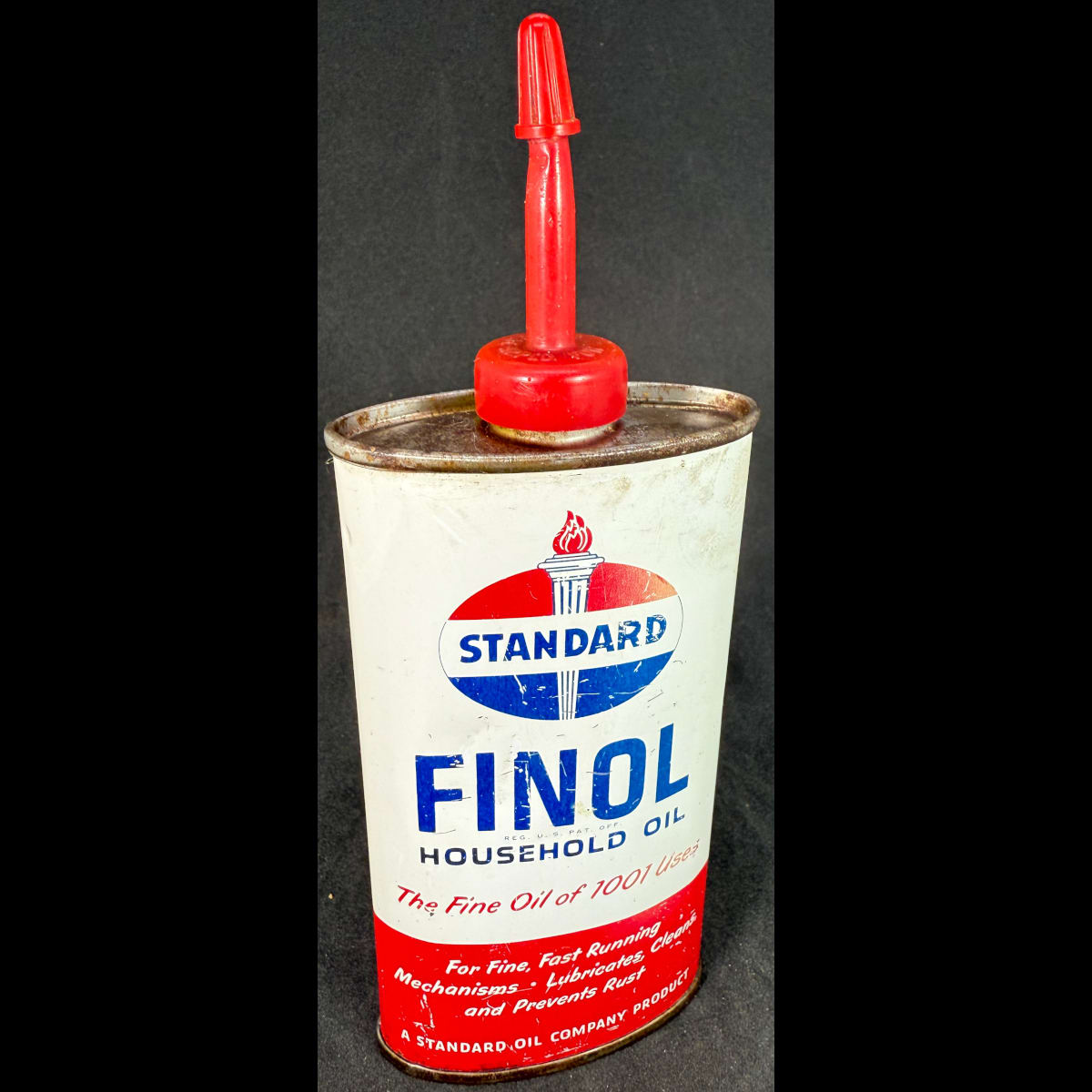 Household Oil Tin, Oiler. Standard Oil Company. Finol Household Oil. Torch / Flame. 4 oz. (Not for standard post due to contents. Winning bidder will have to make other arrangements to collect)