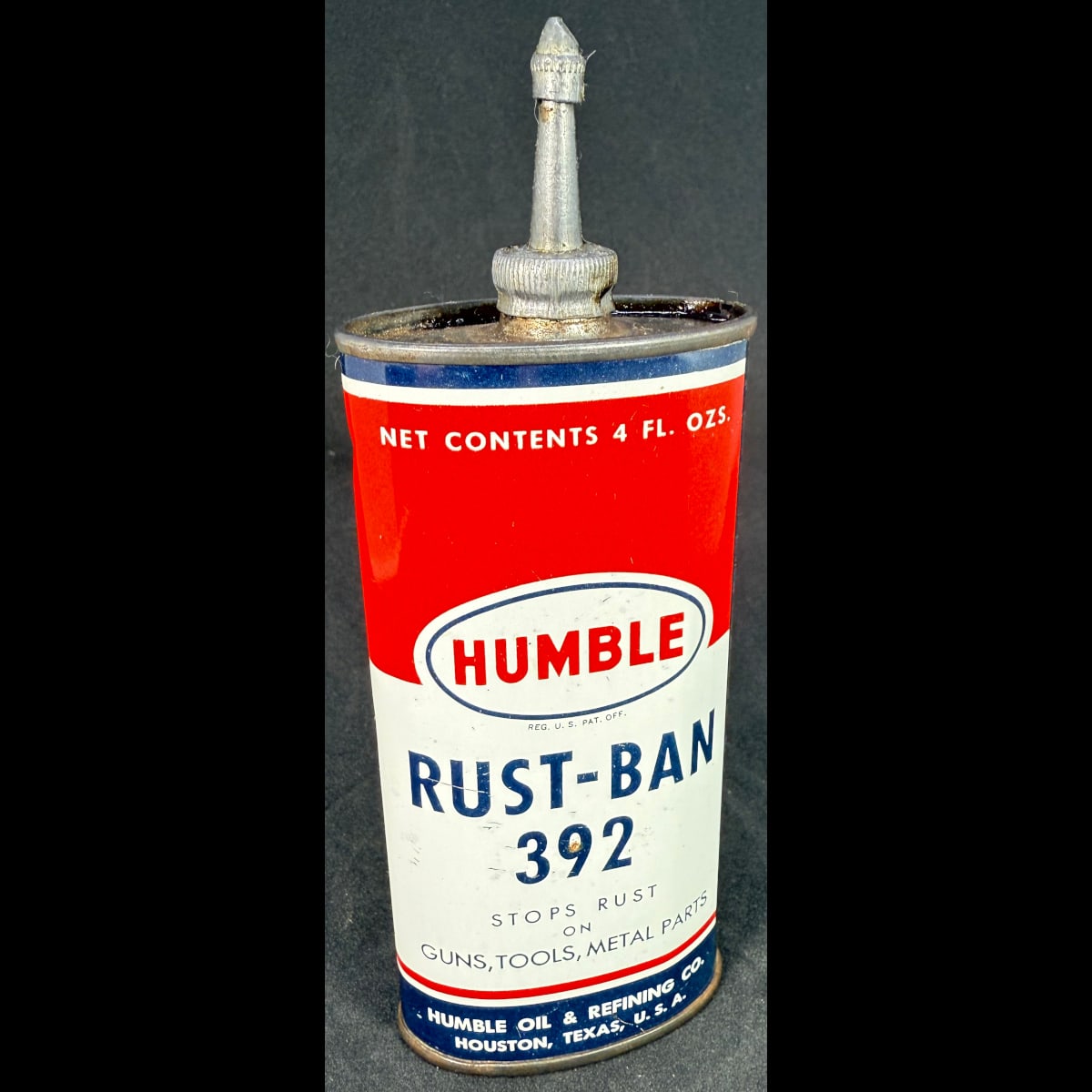 Household oil tin, Oiler. Humble Rust-Ban 392. Humble Oil & Refining Co. Texas. 4 oz.
