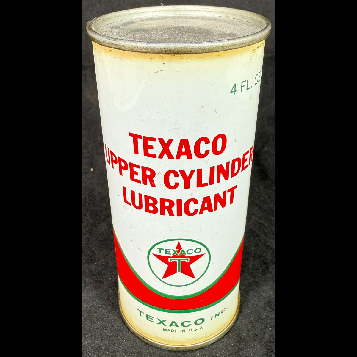 Small Tin. Texaco Upper Cylinder Lubricant. Green T on Star logo. Texaco Inc USA. 4 oz.