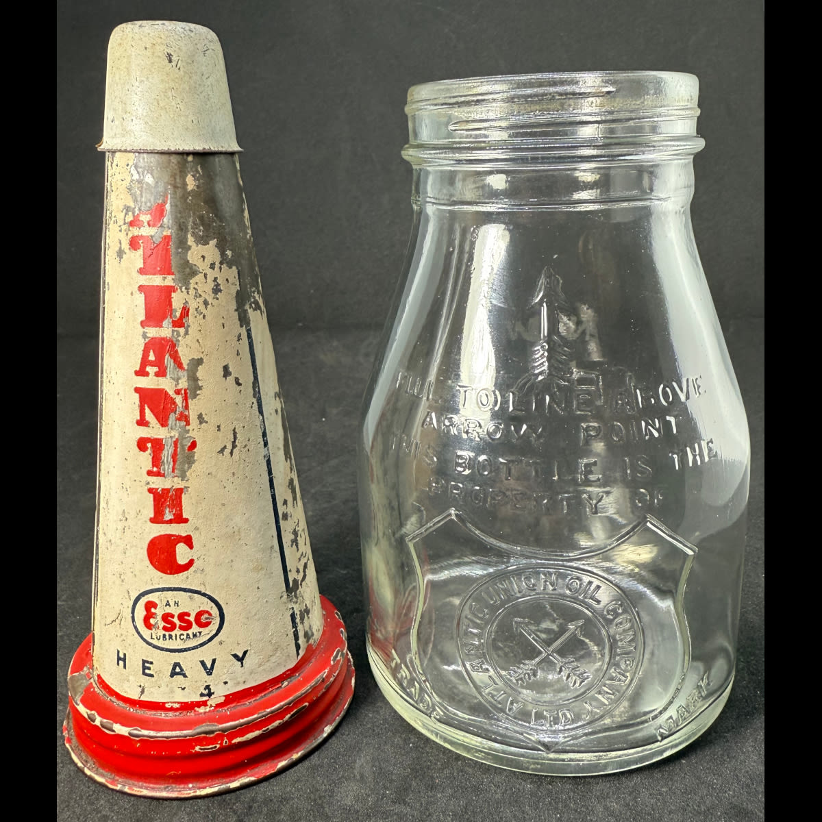 Oil Bottle and tin pourer. Atlantic Union Oil Company Ltd. Atlantic an Esso Lubricant. Pint bottle.
