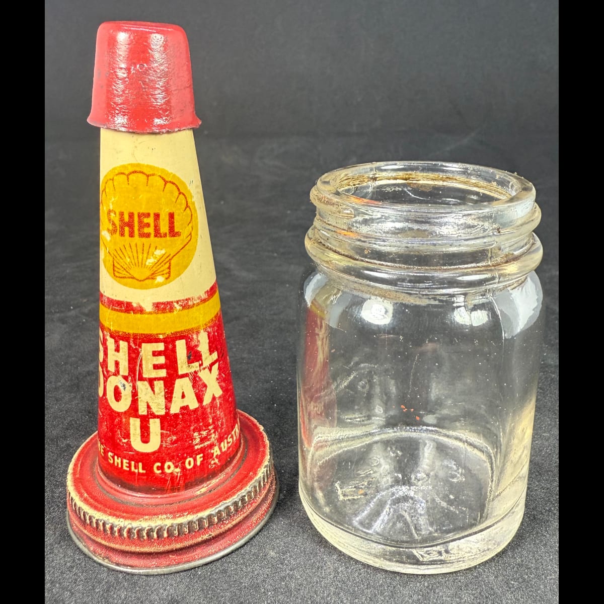 Tin oil top pourer on plain jar. Shell Donax. The Shell Co of Australia Ltd. Upper Cylinder lubricant.