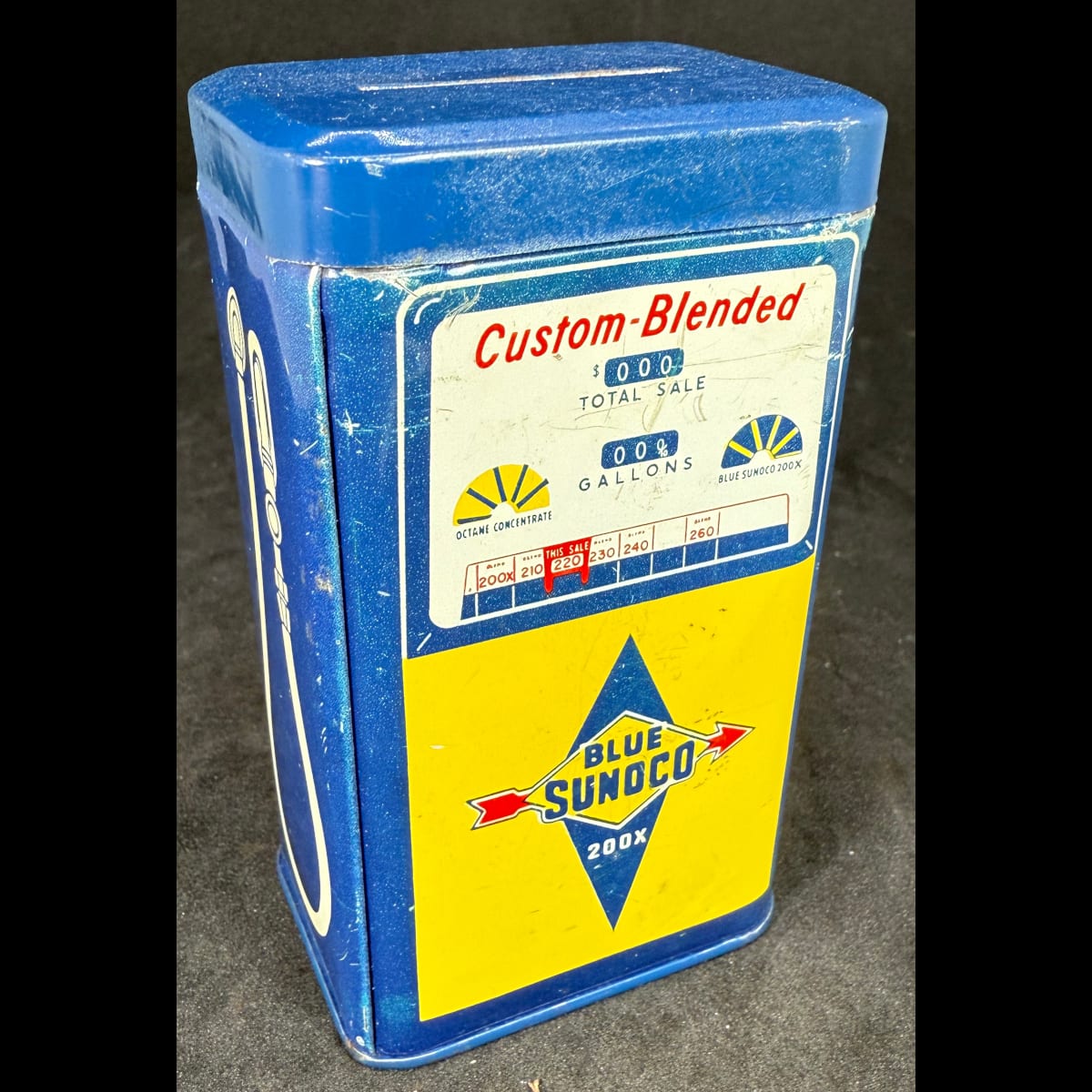 Money Box. Tin, made to represent a Blue Sunoco 200 X Petrol Bowser.