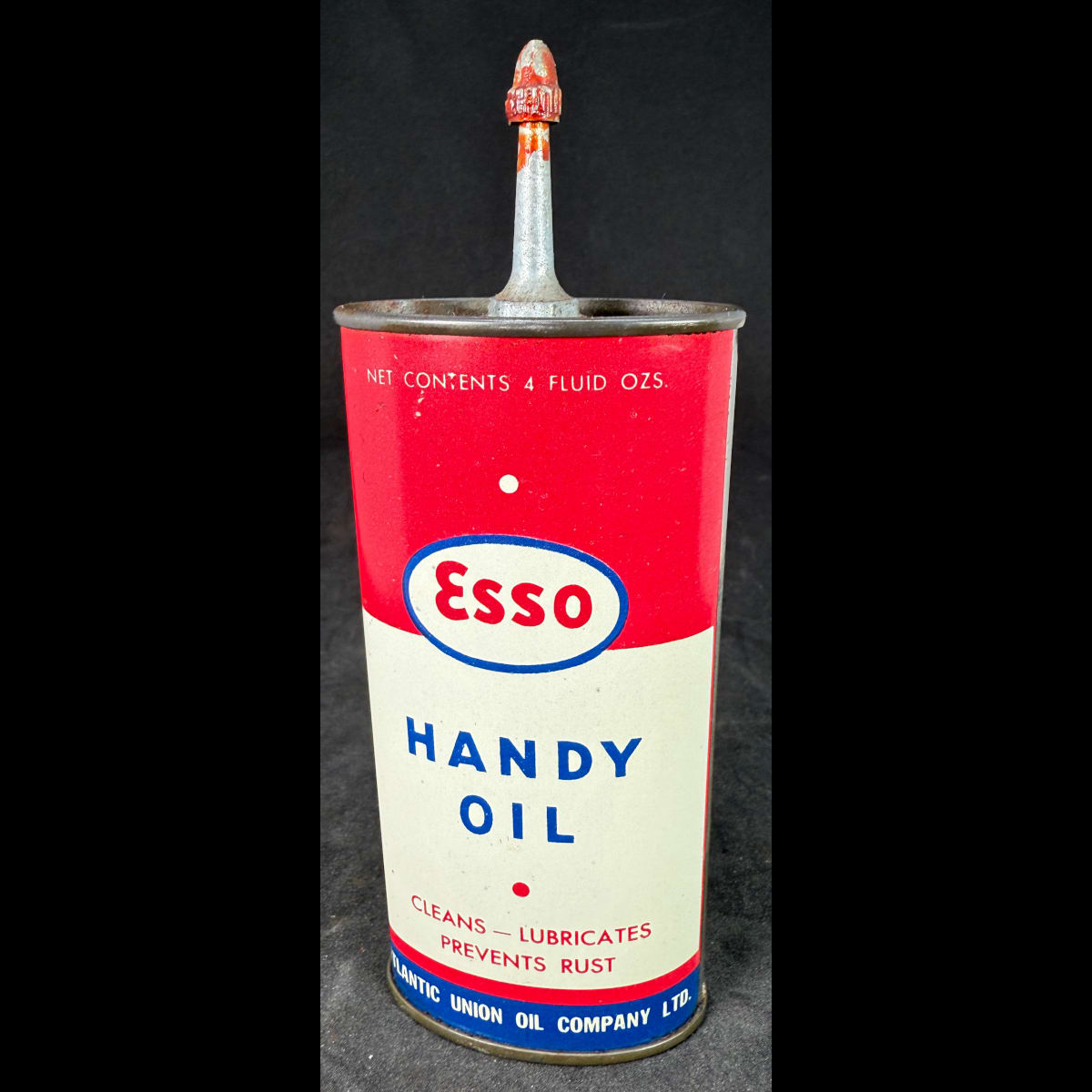 Household Oil Tin Oiler. Esso Handy Oil. Atlantic Union Oil Company Ltd. 4 oz. A Gadsden Container.  (Not for standard post due to contents. Winning bidder will have to make other arrangements to collect)