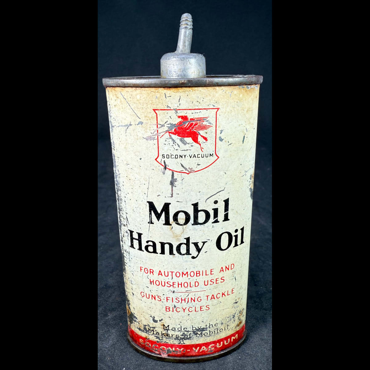 Household Oil Tin Oiler. Mobil Handy Oil. Socony Vacuum. Pegasus facing left. Made by the makers of Mobiloil.