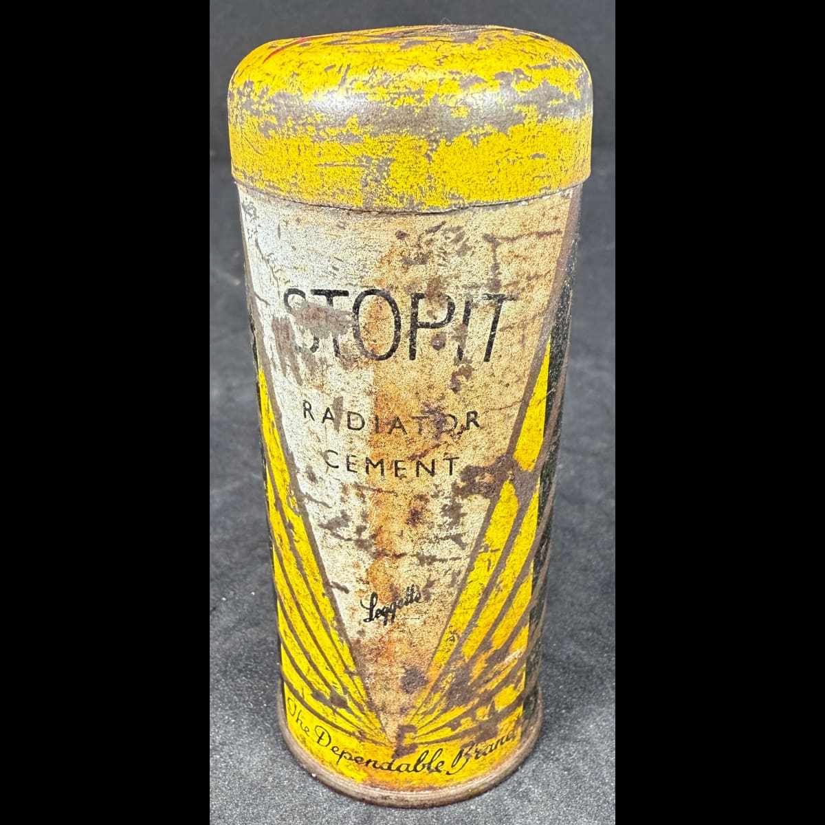 Small tin. Leggetts Stopit Radiator Cement. The Dependable Brand. Leggett Products Pty Ltd.