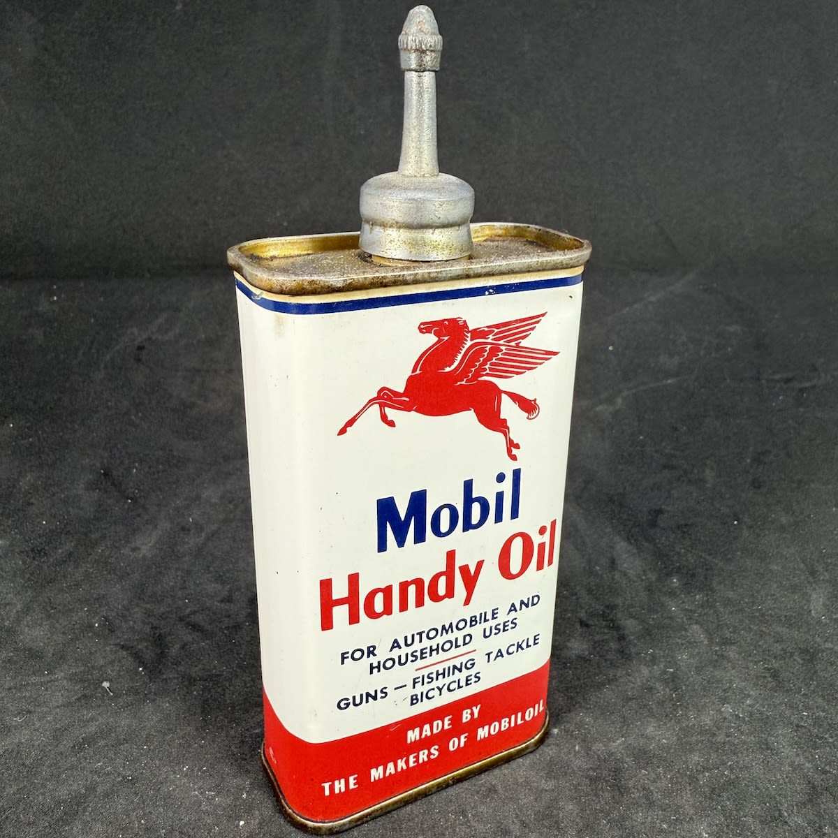 Household Oil Tin Oiler. Mobil Handy Oil. Pegasus facing left. Mobiloil. Socony-Vacuum Oil Company. New York. 4 oz.