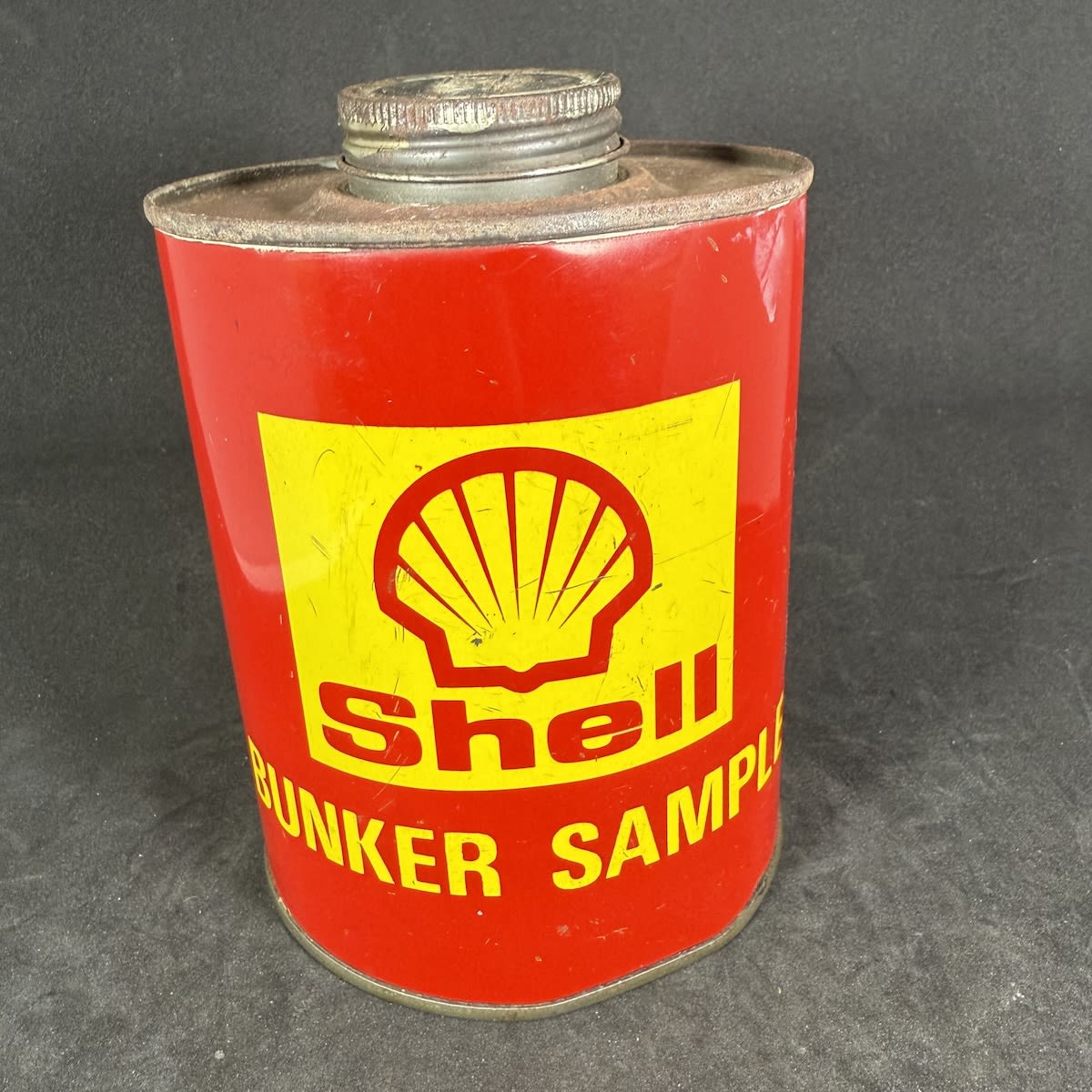 Oil Tin. Shell Bunker Sample. Red & Yellow. Quart.