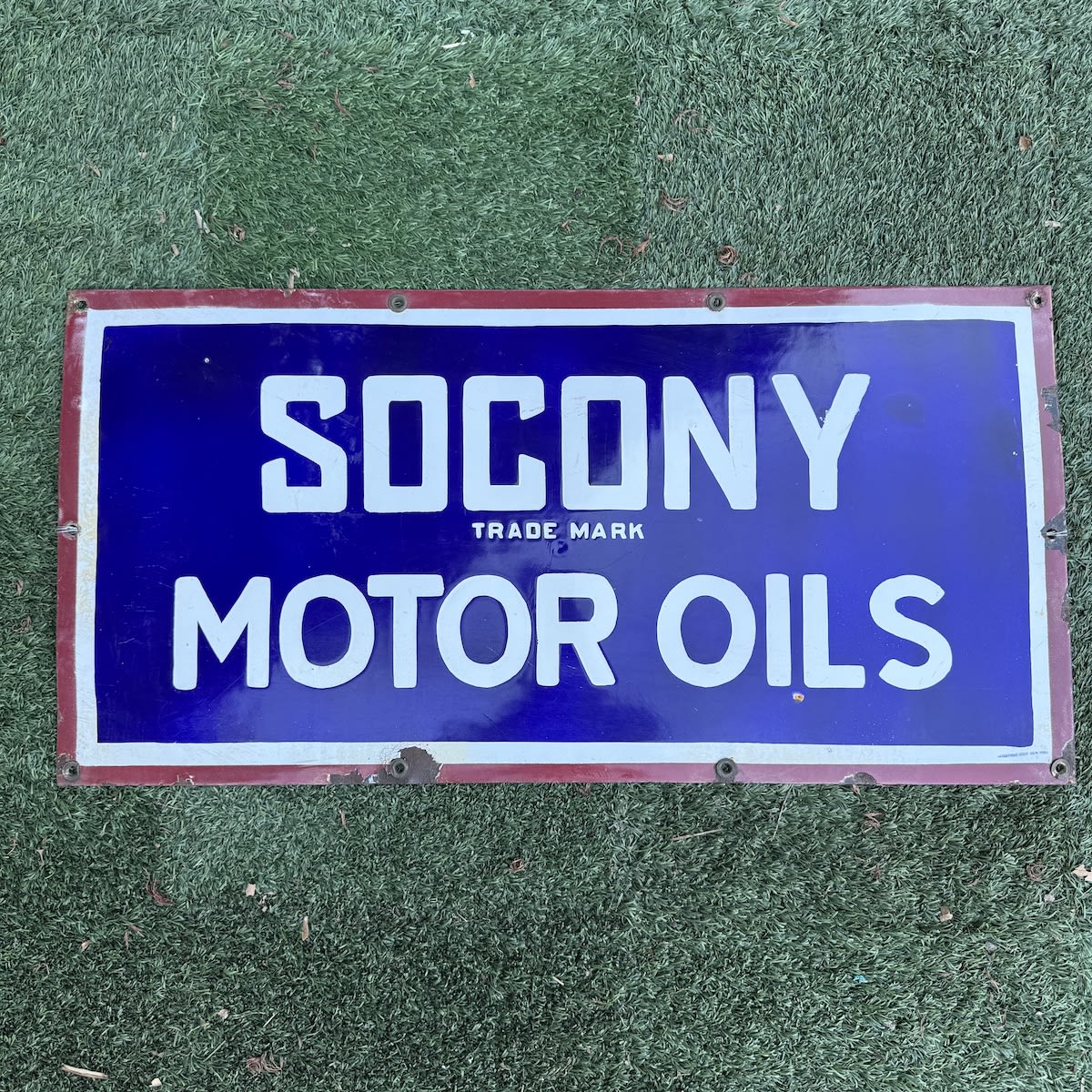 Enamel Sign. Socony Motor Oils. Litchfield Corp New York maker. White on Blue with red edge.