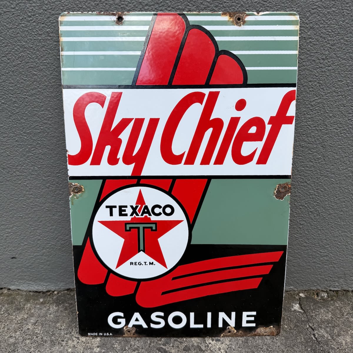Enamel Sign. Texaco Sky Chief Gasoline. Made in U. S. A.