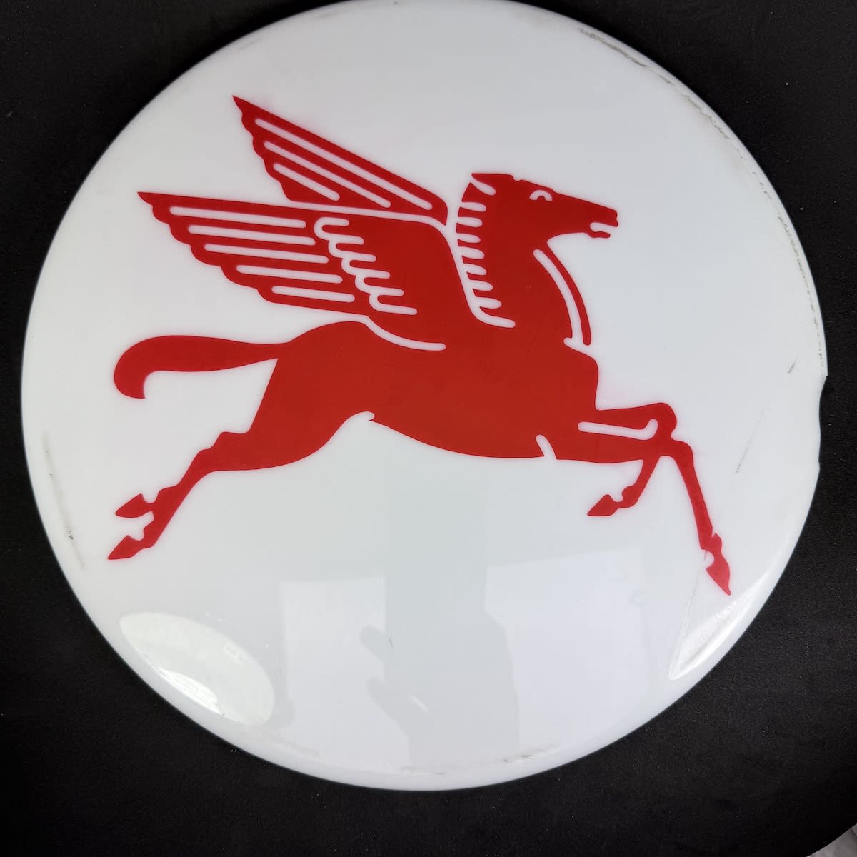 Perspex Bowser top sign. Pegasus facing right. Red on White.