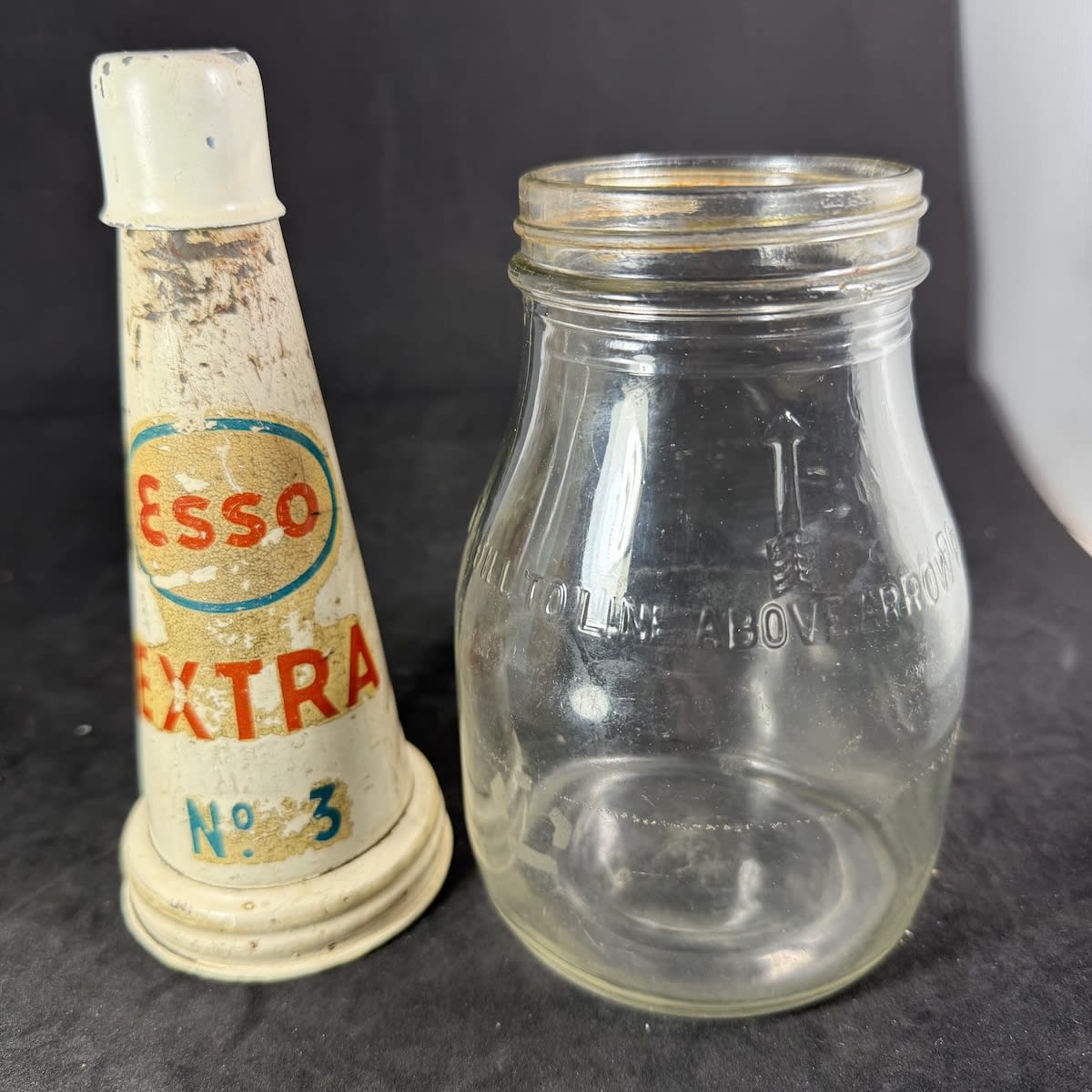 Pint oil bottle with tin top pourer. Esso Extra No. 3. Generic Imperial Pint bottle.