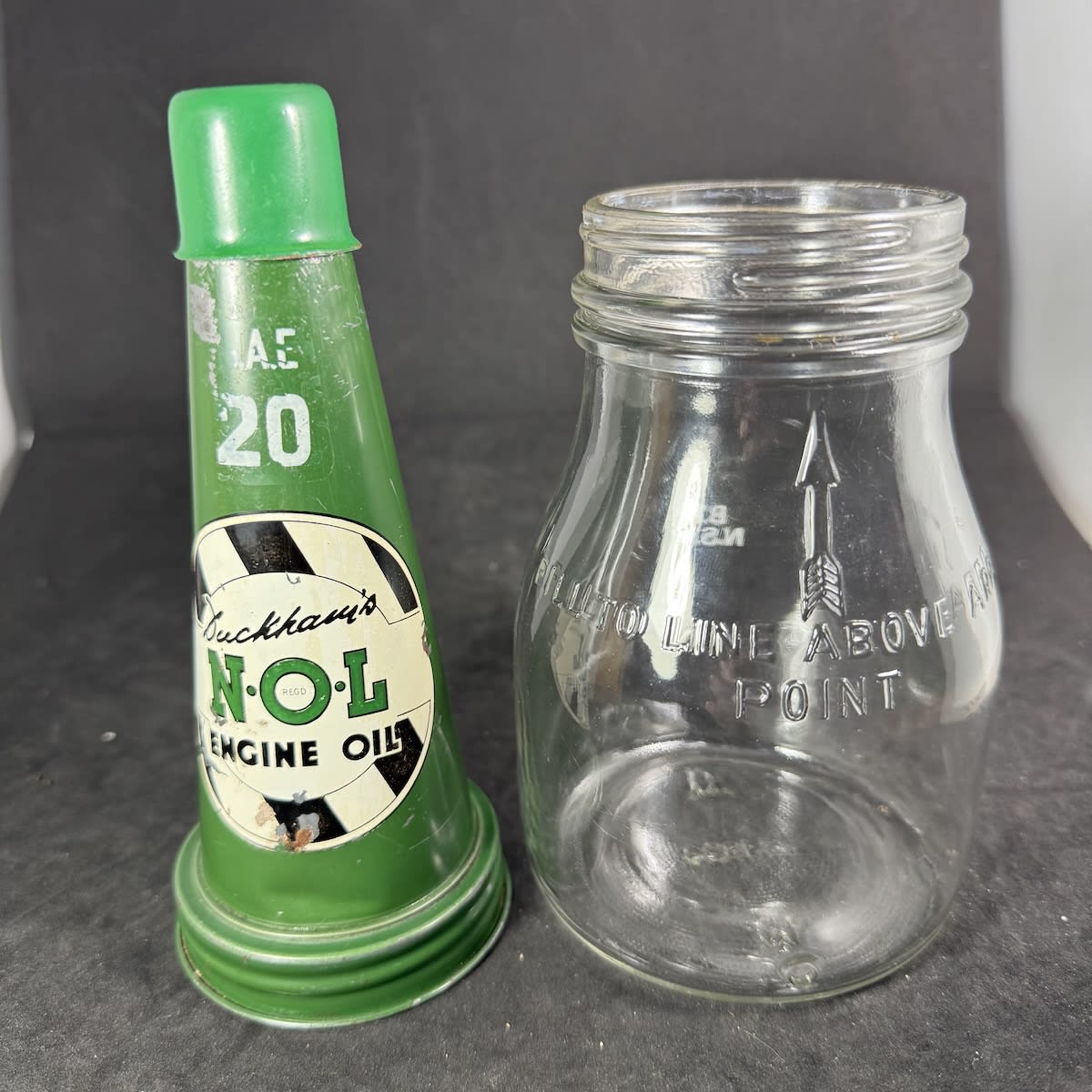 Pint Oil bottle with tin top pourer. Duckham's NOL Engine Oil. Generic Pint bottle.
