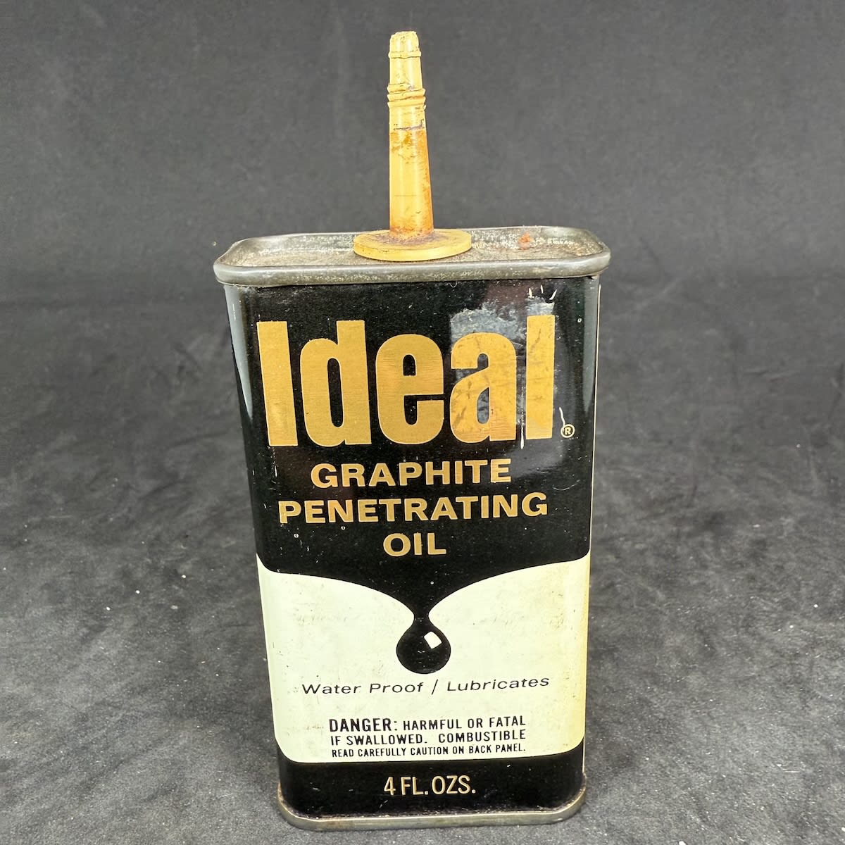 Household Oiler. Oil Tin. Ideal Graphite Penetrating Oil. R. M. Hollingshead Corp. Camden New Jersey. Made in U. S. A. 4 oz.