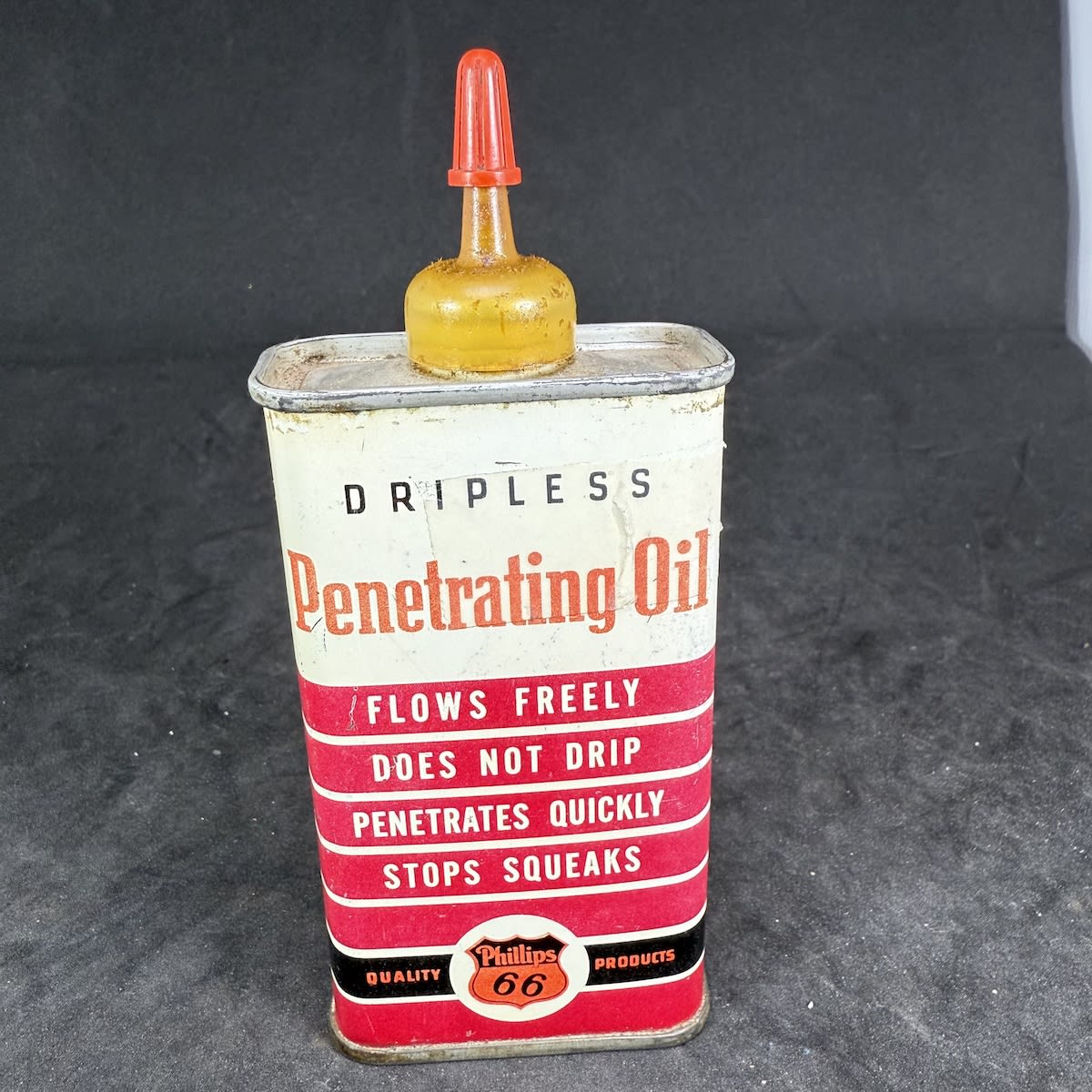 Household Oiler. Oil Tin. Dripless Penetrating Oil. Phillips 66. Phillips Petroleum Company, Bartlesville, Oklahoma.