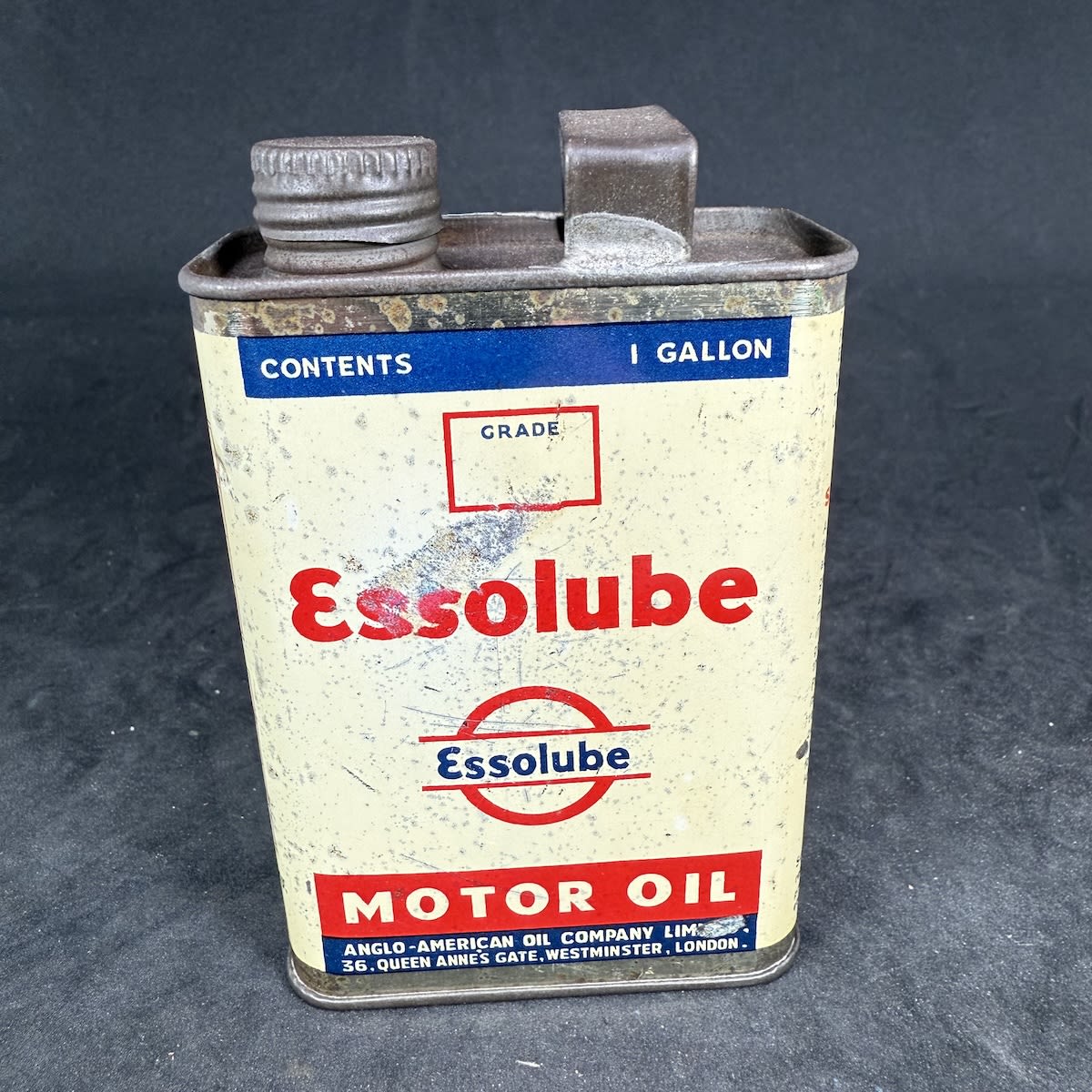 Small Oil Tin. Essolube Motor Oil. Anglo-American Oil Company Limited. Westminster, London.