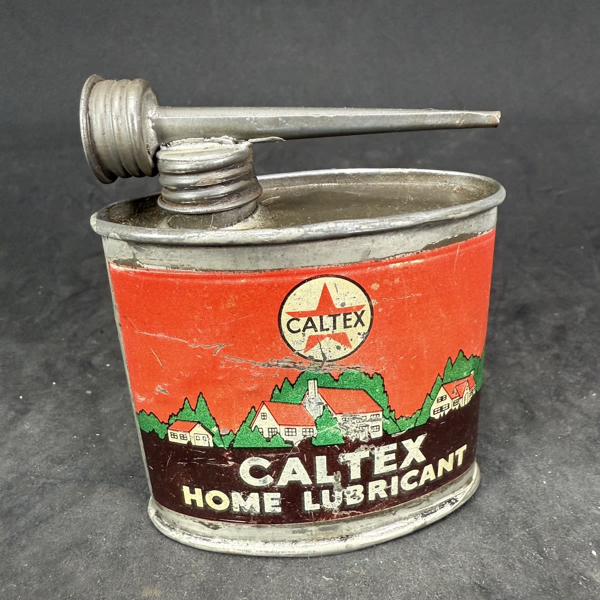Household Oiler. Oil Tin. Caltex Home Lubricant. House pictorial. Made in UK. 4 oz.