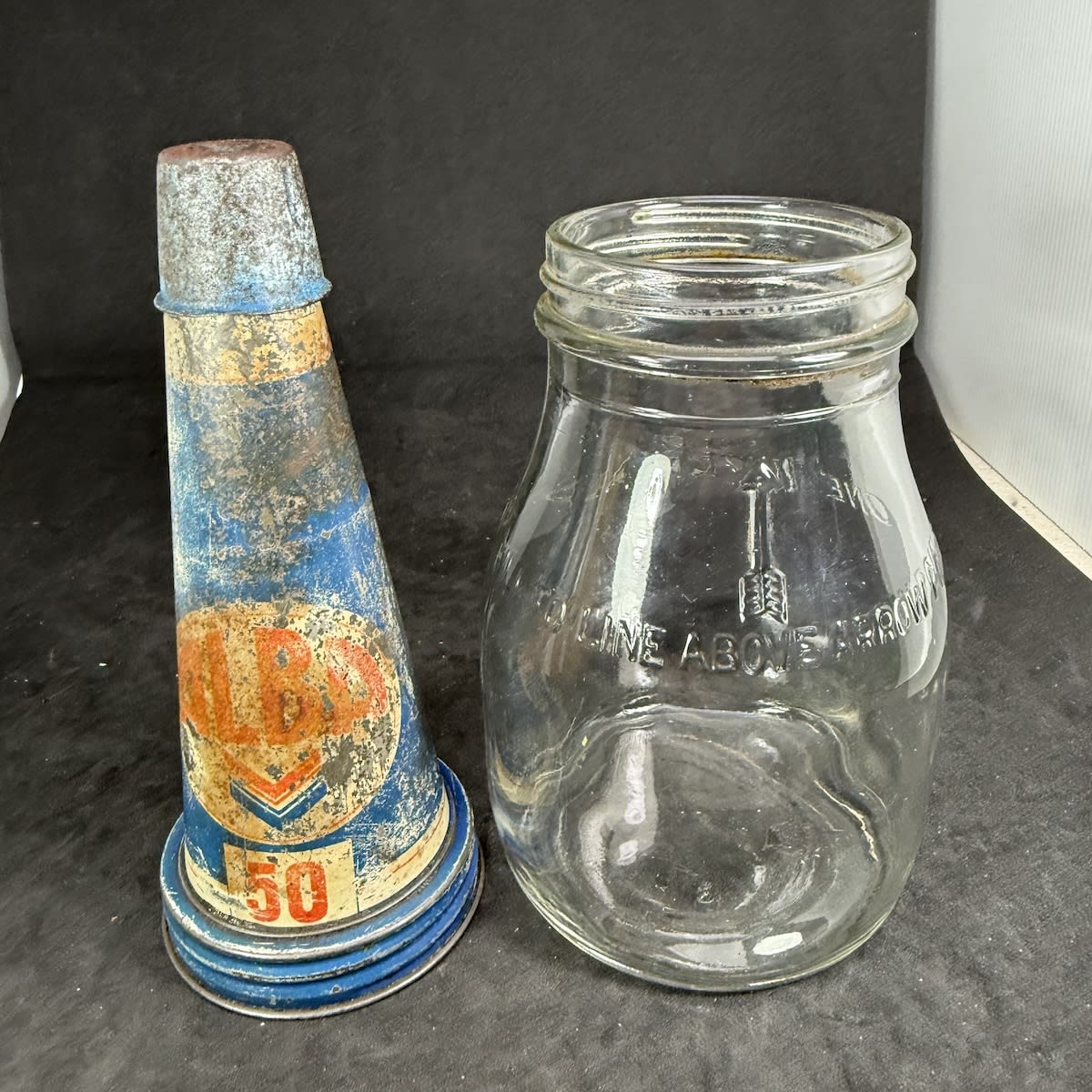 Pint OIl Bottle with Tin Top Pourer. Alba 50. Chevron logo. Generic Imperial Pint Bottle.