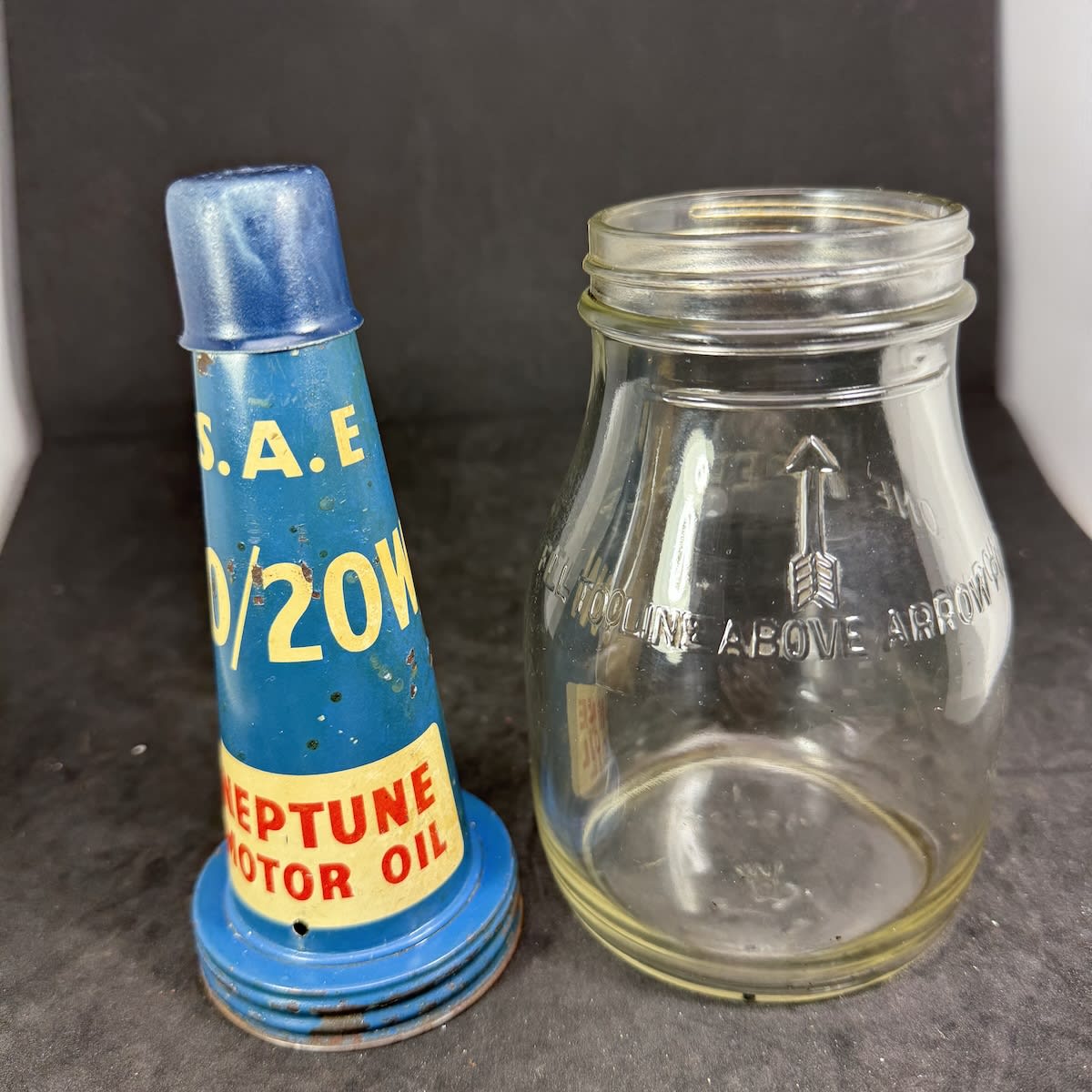 Pint Oil Bottle with Tin Top Pourer. Neptune Motor Oil. SAE 20 20W. Generic Imperial Pint Bottle.