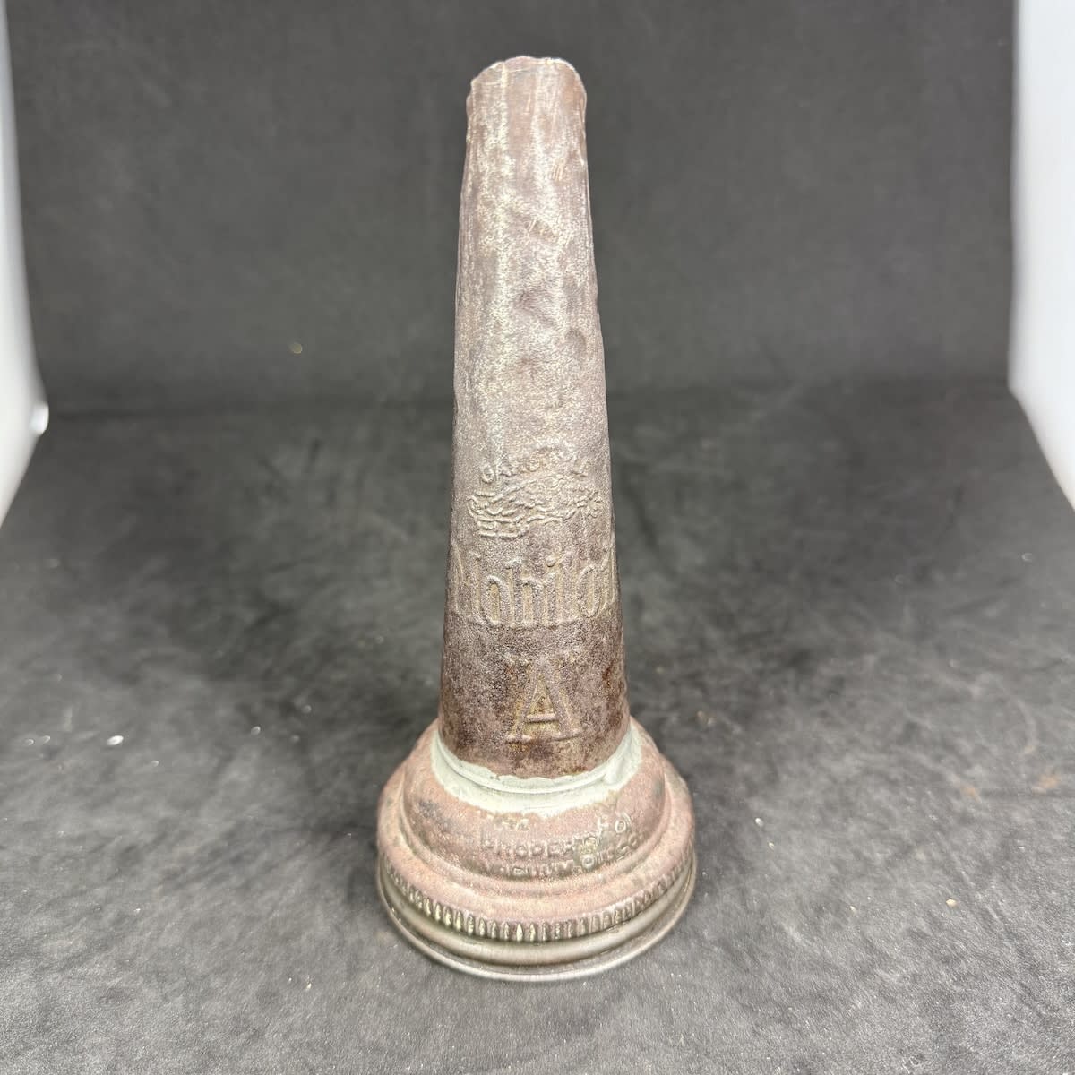 Tin Top Oil Pourer. Embossed tin. Gargoyle Mobiloil A. Property of Vacuum Oil Co.