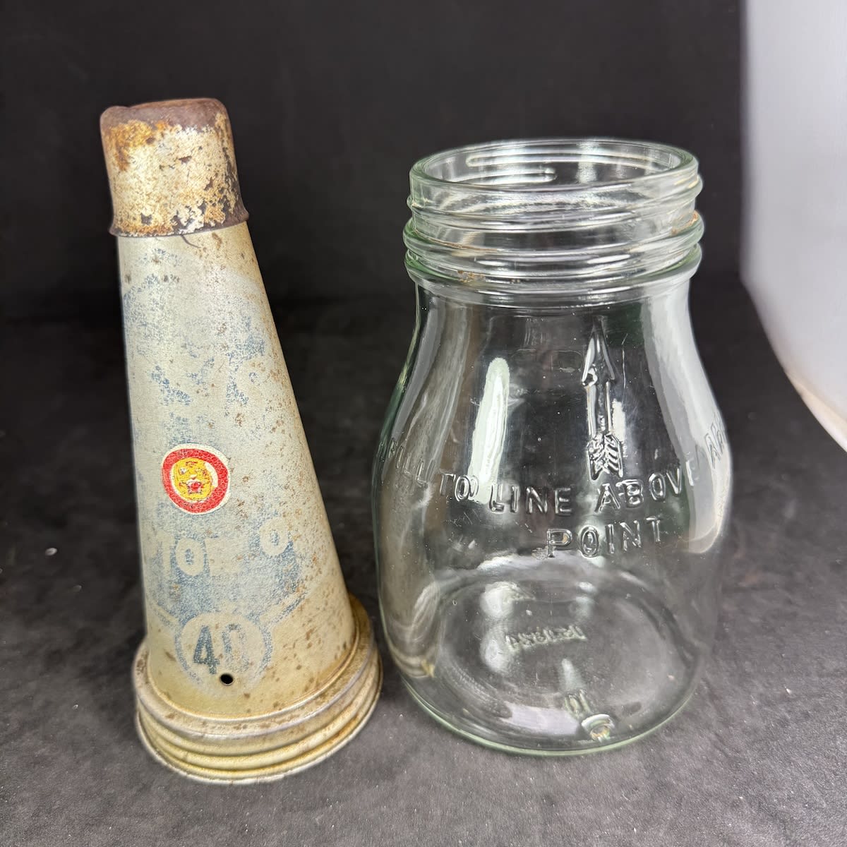 Pint Oil Bottle with Tin Top Pourer. Resis Motor Oil. 40. Tiger. Generic Pint Bottle.